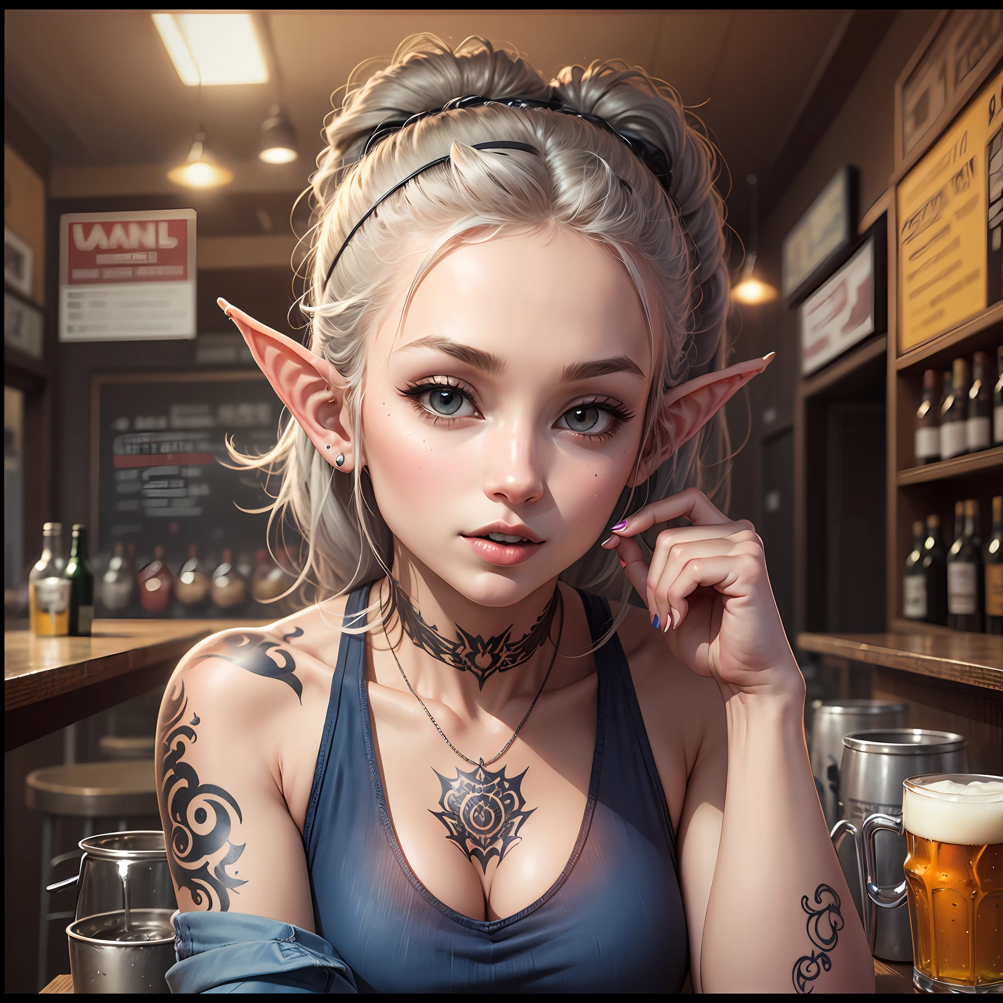 an Imaginary character. a female elf (elf ear). working at Bar. wearing ((black tank-top & denim)). tattoo. serving beer. perfect pose. perfect body. perfect head. perfect face. perfect arm's perfect leg's. perfect finger's. Ultra-Realistic. Ultra-Detailed. Ultra-Sharp Hi-Res. 8K. -- ar 3:4 --auto --s2