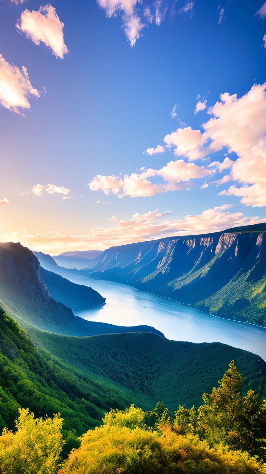 Masterpiece, ultimate quality, Cg unity 8k wallpaper, super delicate, beautiful sky and clouds, rich natural scenery, cliffs, lakes and rivers, waterfalls and flying water, beautiful green mountains, no trace of people, excellent scenery, has already won a photo contest, background Blurring, full depth of field, HDR high dynamics, true restoration, intricate, extreme details, dramatic presentation, perfectly presenting the style of midjourney art.