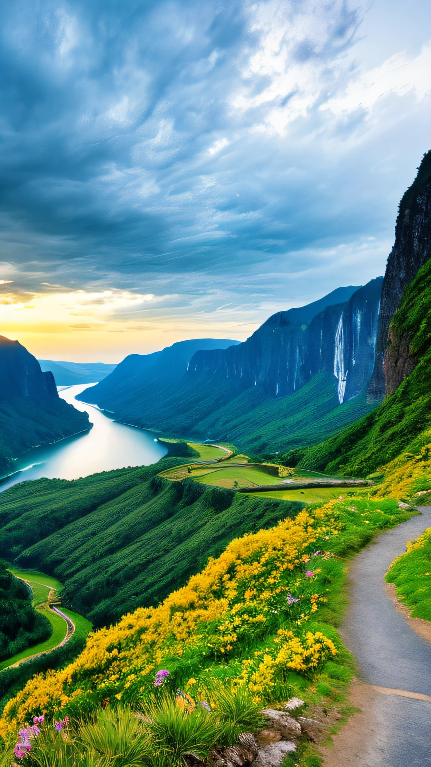 Masterpiece, ultimate quality, Cg unity 8k wallpaper, super delicate, beautiful sky and clouds, rich natural scenery, cliffs, lakes and rivers, waterfalls and flying water, beautiful green mountains, no trace of people, excellent scenery, has already won a photo contest, background Blurring, full depth of field, HDR high dynamics, true restoration, intricate, extreme details, dramatic presentation, perfectly presenting the style of midjourney art.