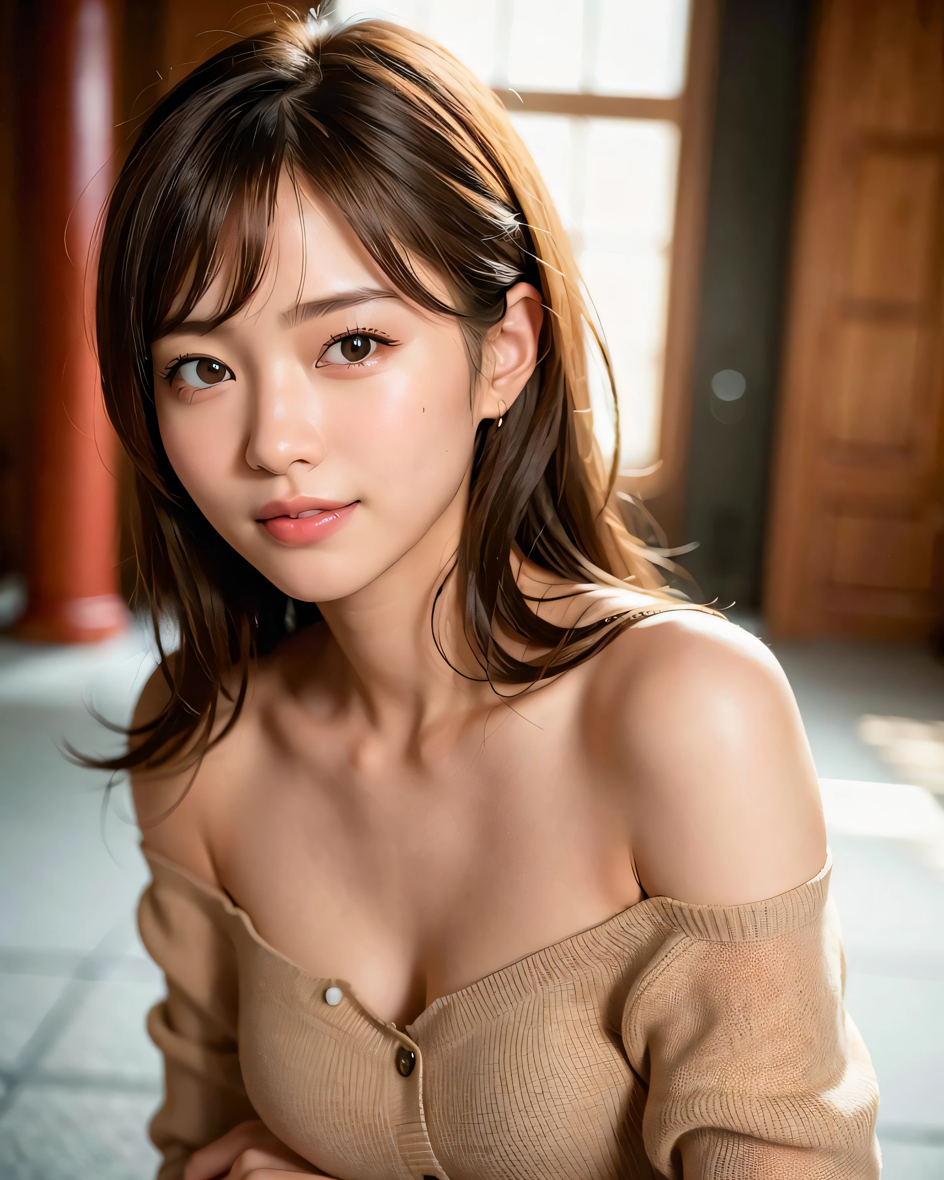 best quality, face focus, soft light, (depth of field) ,ultra high res, (photorealistic:1.4), RAW photo, (portrait:1.4) ,(from front)
1japanese girl, solo, cute, (shy, smile:1.1), (brown eyes),  detailed beautiful face, (midi_hair),
The Great Hall of a European Castle, walking,
(off shoulder shirt)