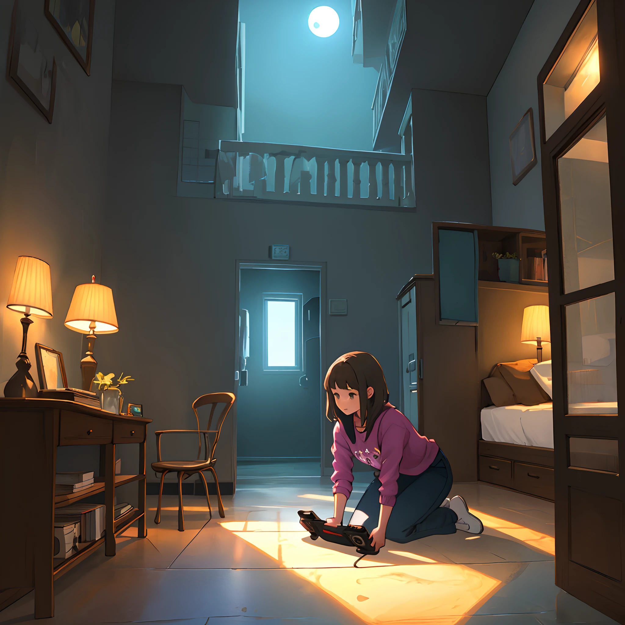 Girl playing games, moonlight shining on the floor through the window
