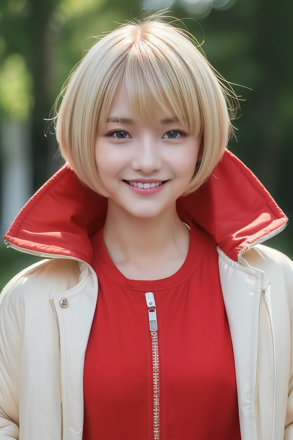 (超A high resolution、Photorealsitic、realisitic、top-quality、Photorealsitic)、(in 8K、top-quality、​masterpiece)、(auto white balance)、Technical sense、finely detail、extremely delicate and beautiful、foco nítido、Rich background、(realperson、a picture)、(((High Detail Skin)))、(Kawaii Girl、Lori、18year old、college aged、a blond)、(((Short bob hair、Bangs)))、(A smile)、((Fashionable、Red jacket、long-sleeve))、(full body full shot、The perspective of the human eye)、Looking at your smartphone