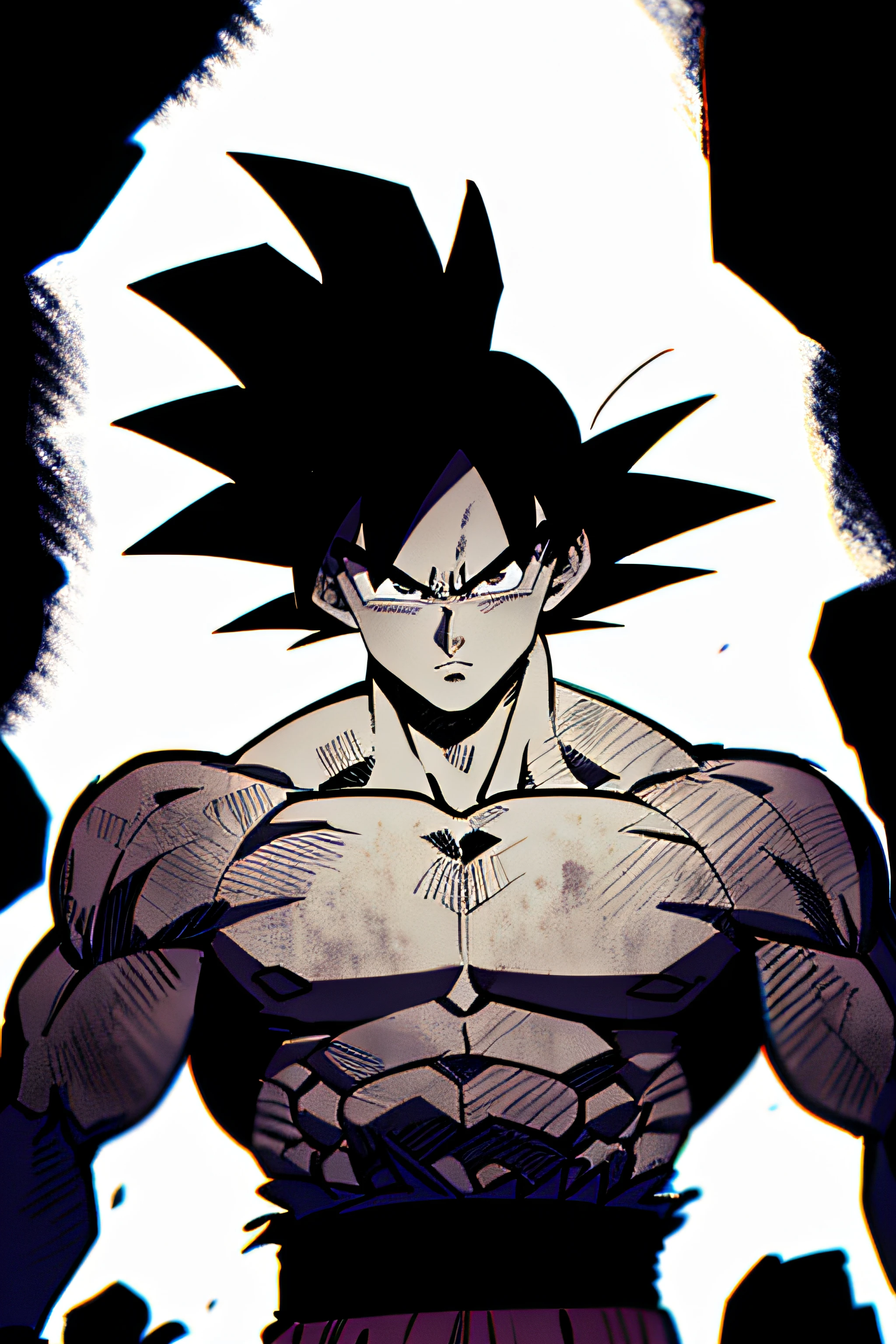 son goku, 1boy, closed mouth, male focus, muscular, muscular male, rock, sash, serious, solo, spiked hair, topless male, torn clothes, ultra instinct, black eyes, black hair, ((masterpiece))