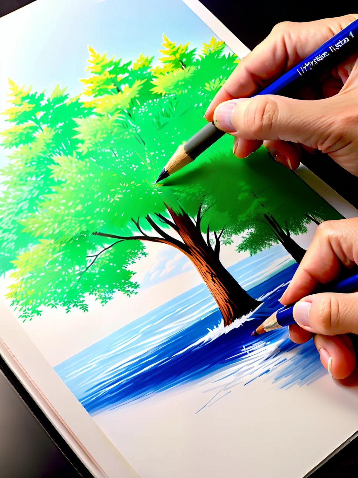 ((Hyler realista)), (Drawing a tree), entre dois lagos, em um caderno de rascunhos, pencil 2b, 8k, high resolution, alta qualidade, --ar 2:3