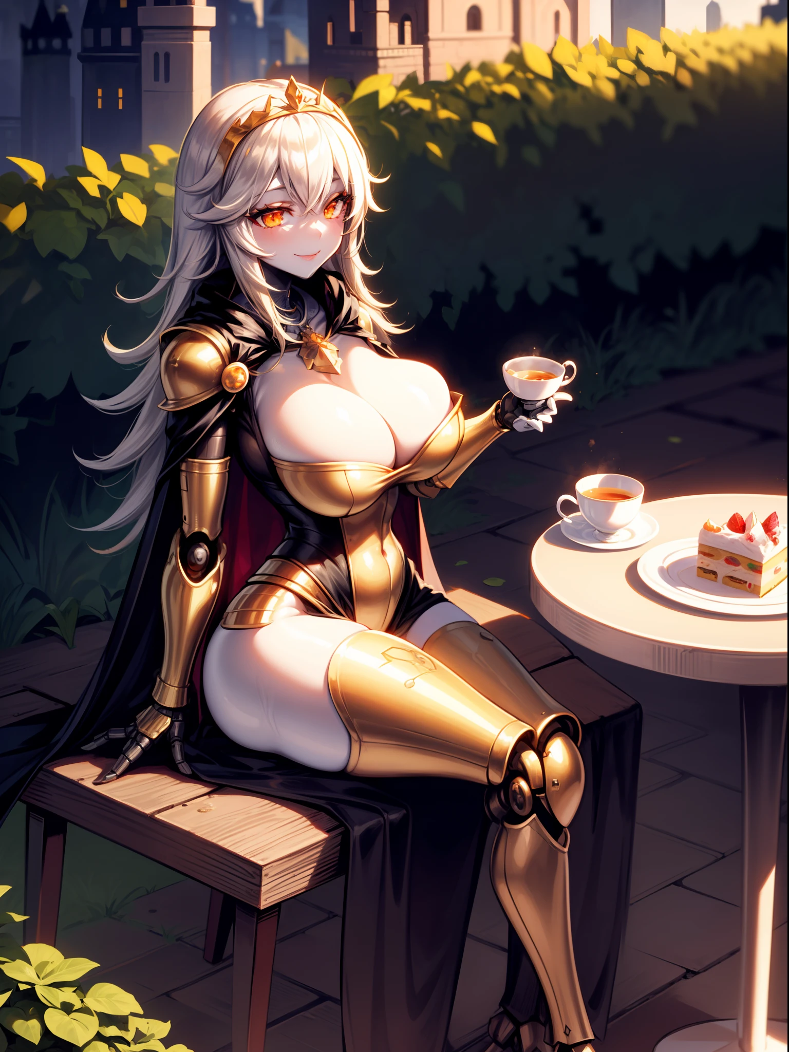 masterpiece, best quality,1girl,solo, robot girl, humanoid robot,robot joints, orange eyes,long hair, (colored skin),huge breasts,tiara, jewelry, armored dress,gold trim, sleeveles,cape,castle in background, (outdoors),garden,sitting, on chair,(tea cup),cake , table, light smile