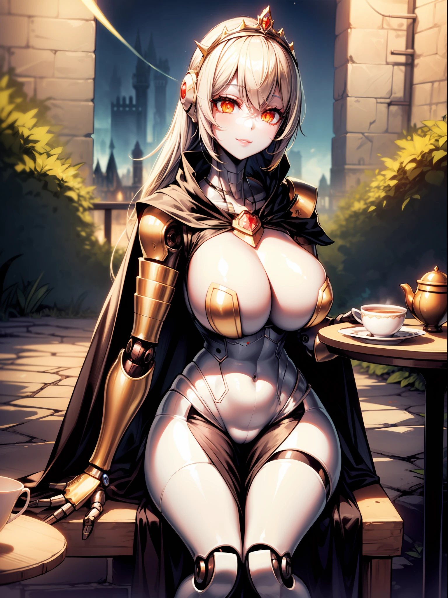 masterpiece, best quality,1girl,solo, robot girl, humanoid robot,robot joints, orange eyes,long hair, (colored skin),huge breasts,tiara, jewelry, armored dress,gold trim, sleeveles,cape,castle in background, (outdoors),garden,sitting, on chair,(tea cup),cake , table, light smile