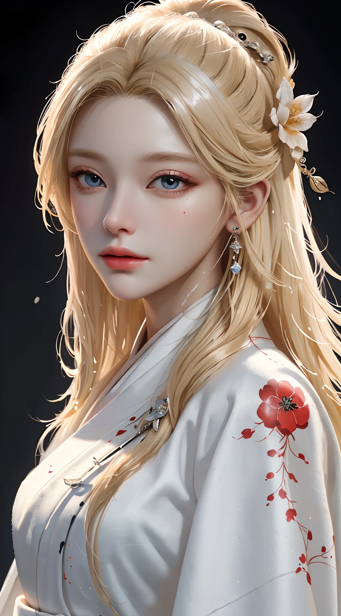 art board , painting a close up of a woman with blonde hair , woman has white long robe with black line on it, red eyes , beautiful fantastic kanzashi , beautiful character painting , epic exquisite character art, stunning character art, by Fan Qi , splashing ink , ink art , painting , edge of art faded with splashing ink (ultra detailed face) , (ultra detailed ink art)