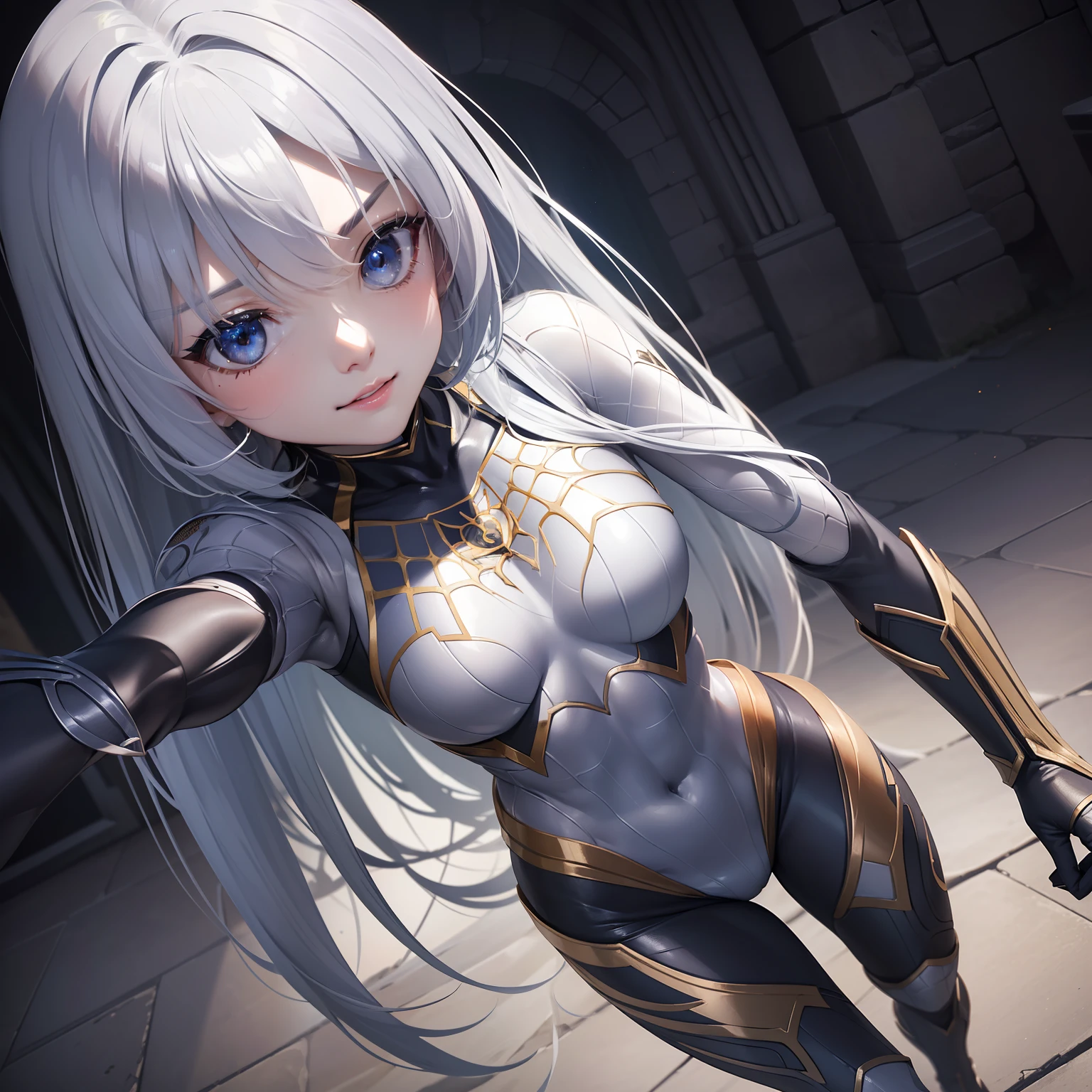 combat scene、(Raw photography、top-quality)、(realisitic、Photorealsitic:1.2)、1girl in、20yr old、A smile、(High Detail Skin:1.4)、Puffy eyes、Gorgeous hair、hightquality、spiderwoman、Full-body figure、combat scene、Spider Woman with silver motif Clothes are silver and gold