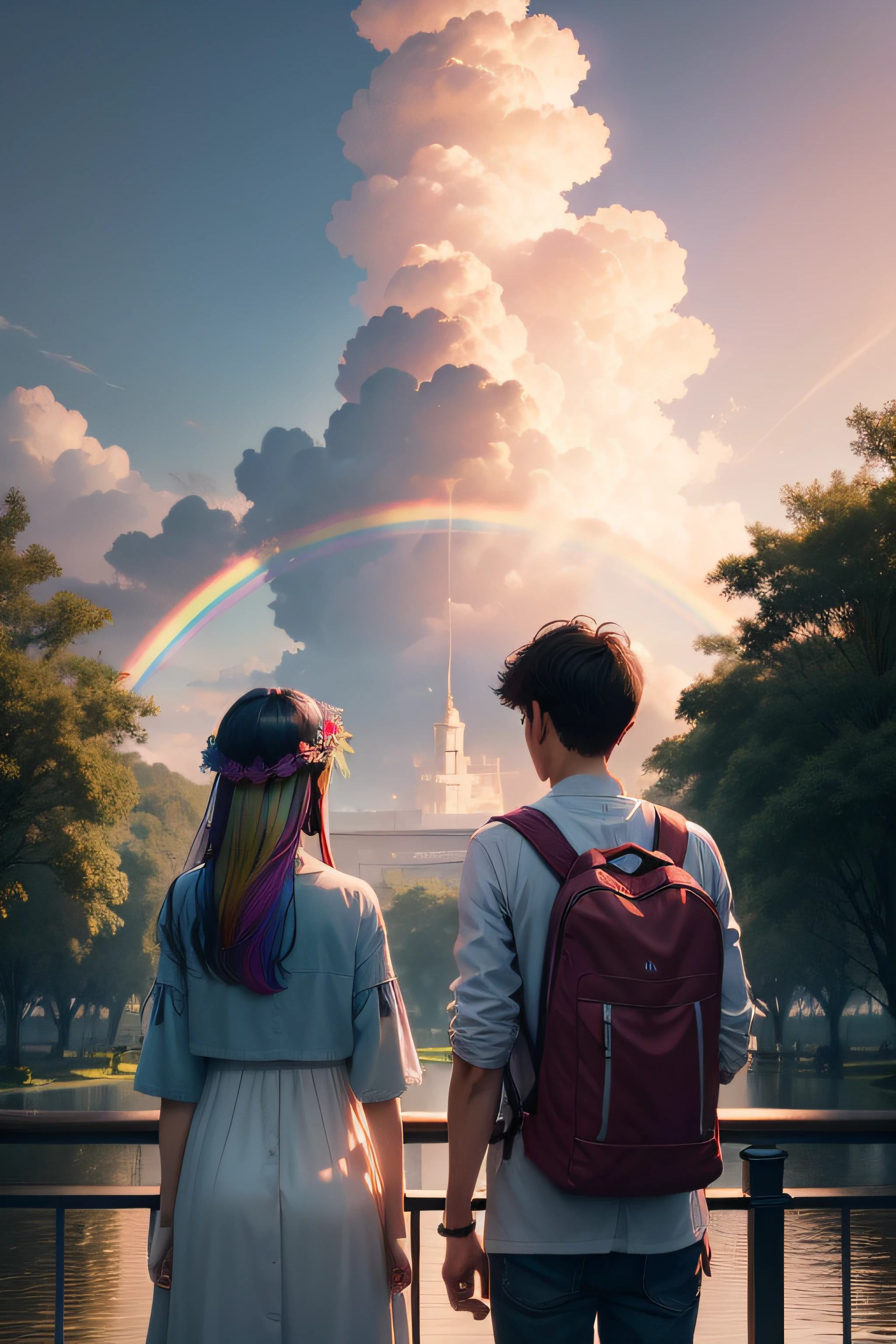 A rainbow of seven colors hangs over the sky after rain with the sunlight。Behind a young man and a woman couple looking up at the rainbow。The person is small。