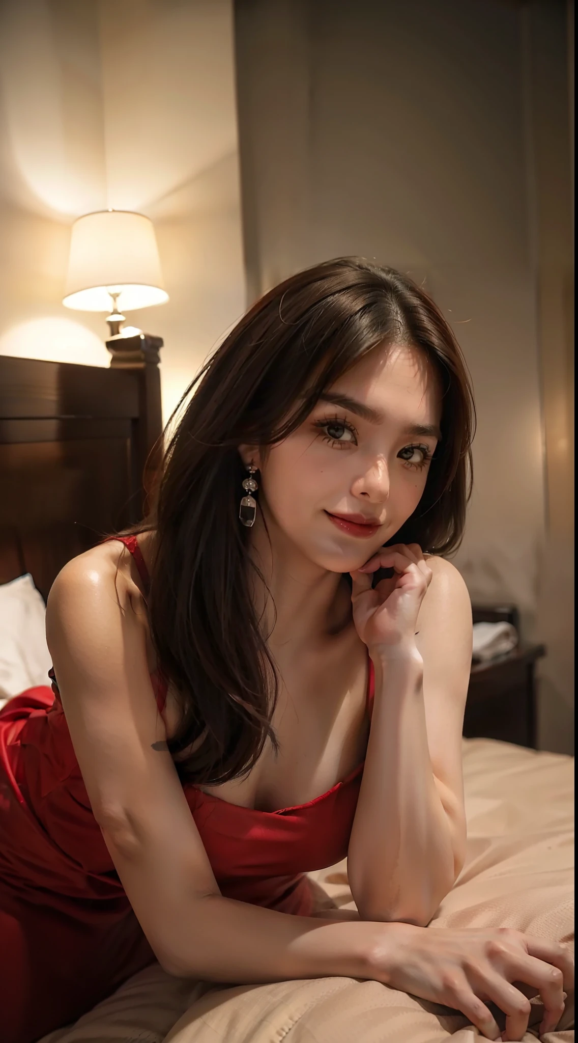 beautiful and sweet girl, cute, Antagonistic woman, fair and smooth skin, evil smile expression, angry eyebrows, wears a red dress and high heels, bright brown hair, wears accessories, Laid on the bed pose, in a hotel room, Korean girl, wearing make-up.