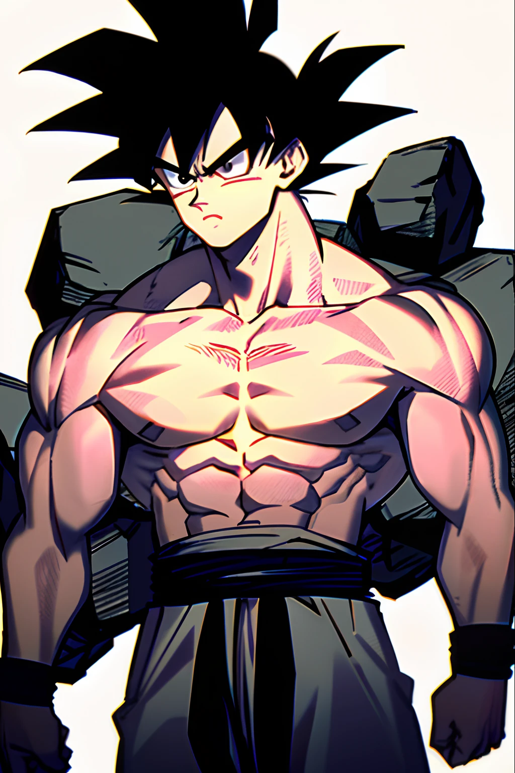 son goku, 1boy, closed mouth, male focus, muscular, muscular male, rock, sash, serious, solo, spiked hair, topless male, torn clothes, ultra instinct, black eyes, black hair, ((masterpiece))