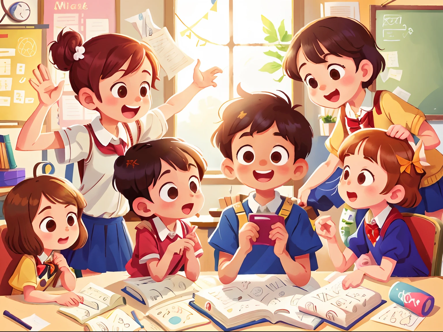illustration, masterpiece, best quality, School teacher with several students (girls and boys)
sitting side by side, They wave at us, in school uniform, from opposite, Happy, full body, in the style of reb book charecter, charecter sheet, white background, adjective + object, character sheet, children book character, white background, white background, looking at viewer, short hair,