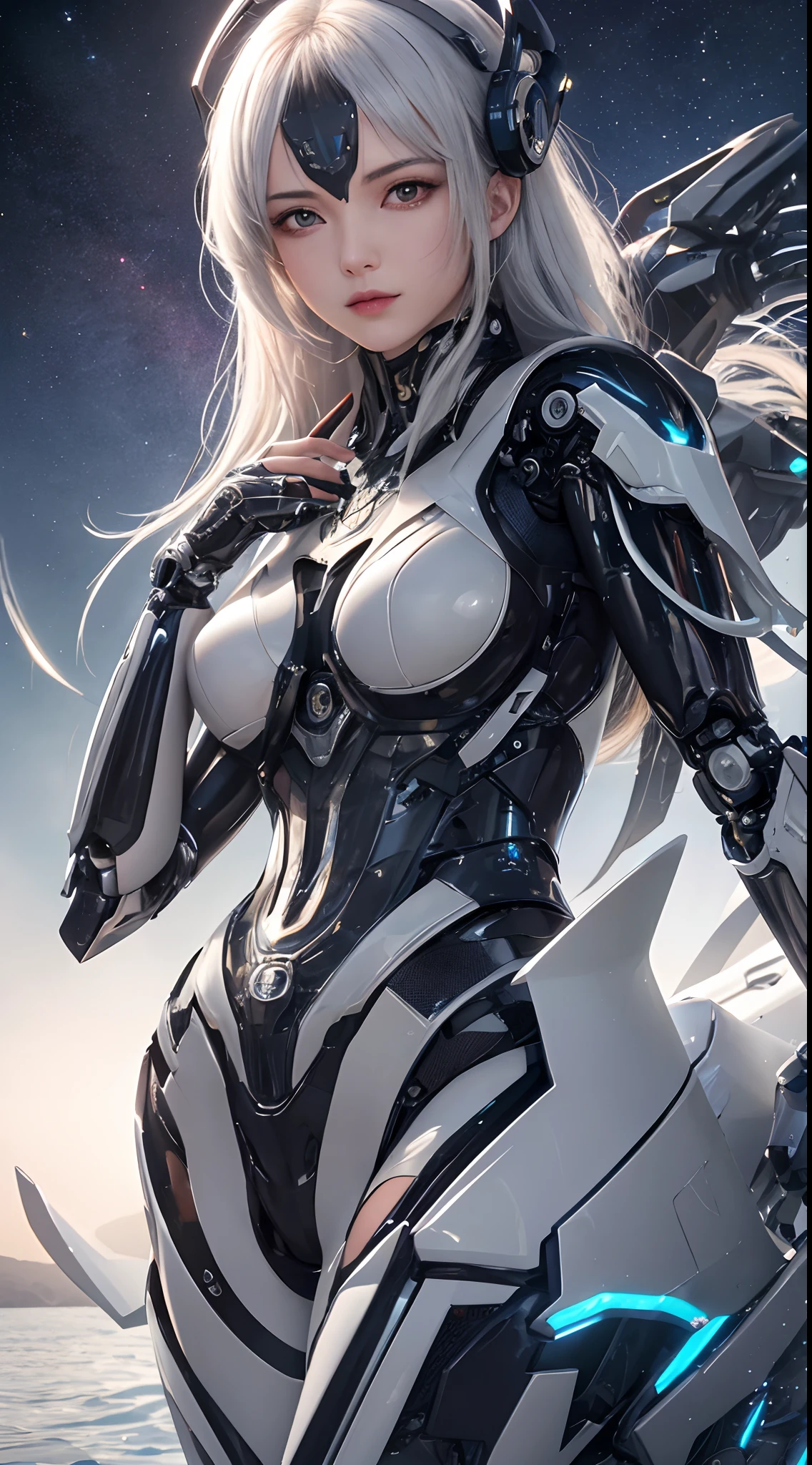 cowboy shot, caustics,reflection,ray tracing,demontheme,nebula,dark aura,cyber effect, (1girl:1.4),solo,alone,mecha musume,mechanical parts, robot joints,single mechanical arm, headgear, mechanical halo,star halo,intricate mechanical bodysuit, mecha corset, kimono, full armor, very long hair,white hair, hair between eyes, multicolored hair, colored inner hair, red eyes,glowing eye,eye trail, random expressions,random action, ancient japanese architecture,pond, starry sky,skyline,