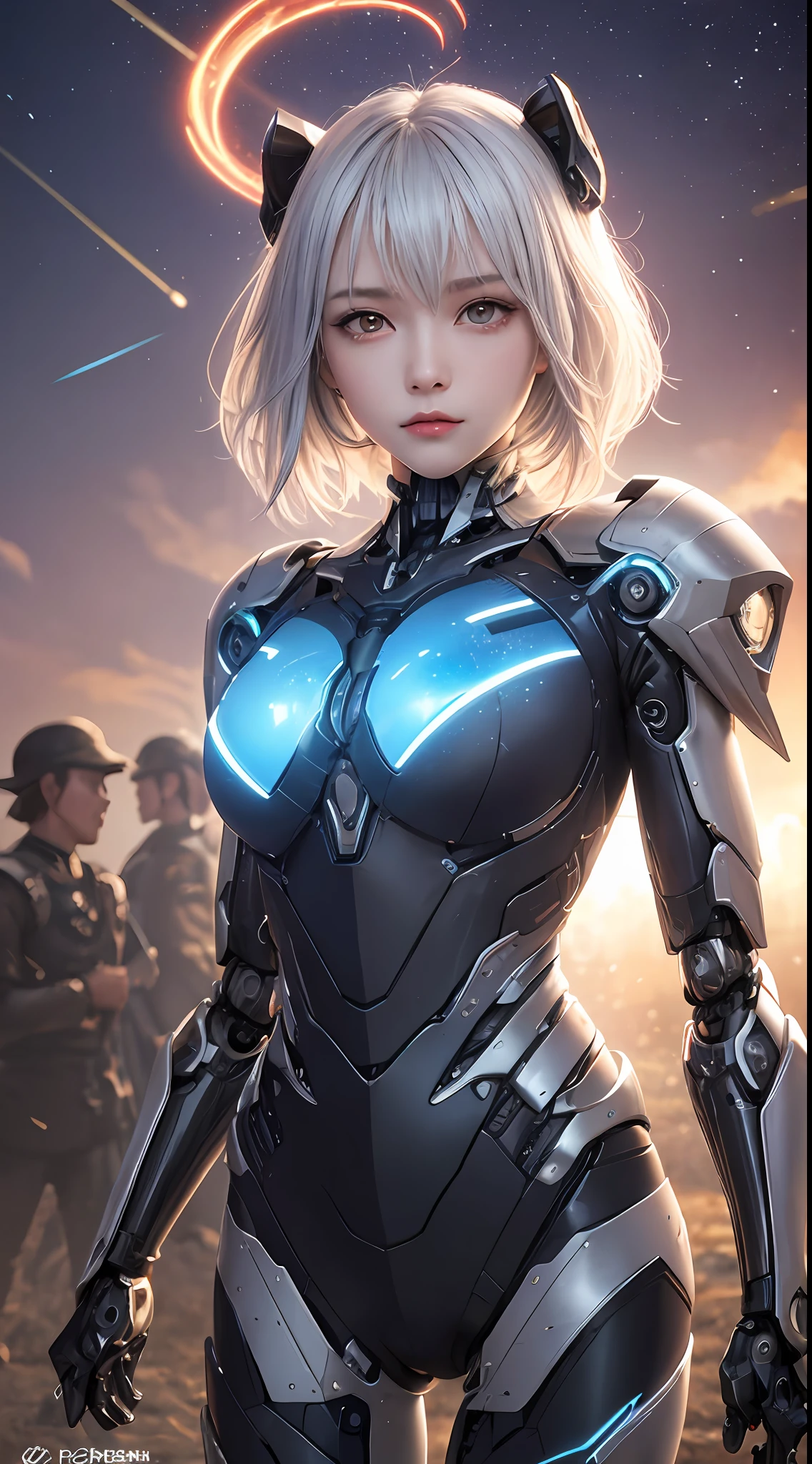 cowboy shot, caustics,reflection,ray tracing,demontheme,nebula,dark aura,cyber effect, (1girl:1.4),solo,alone,mecha musume,mechanical parts, robot joints,single mechanical arm, headgear, mechanical halo,star halo,intricate mechanical bodysuit, mecha corset, kimono, full armor, very long hair,white hair, hair between eyes, multicolored hair, colored inner hair, red eyes,glowing eye,eye trail, random expressions,random action, ancient japanese architecture,pond, starry sky,skyline,