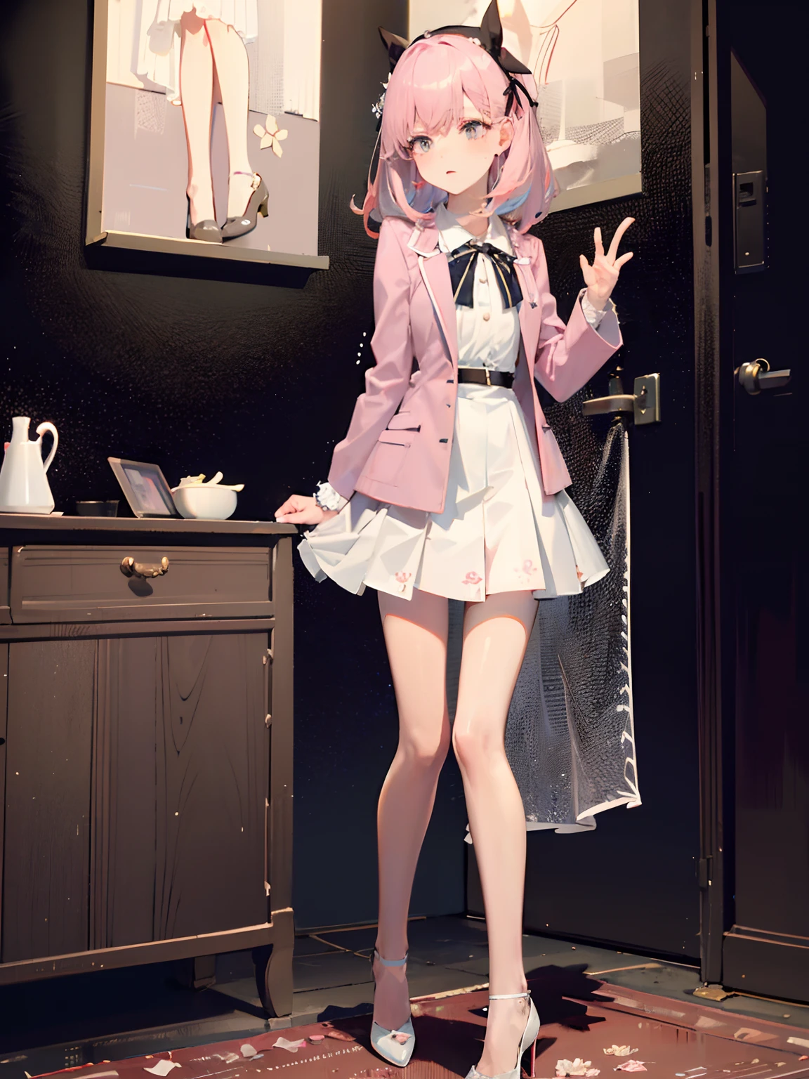 (tmasterpiece),(best qualtiy),(A pink-haired,long whitr hair,white hair ribbon,White flower decoration),(lacepantyhose,White panty hose,stocklings:0.8,Full body pantyhose),(White pleated skirt,short skirt),(Manteau,pastel pink,silkouette),putting makeup on, Blushlush, high-heels, 1girll,squatt, SakuraNS, the night,have to pee,Pee,pissing,Pee yourself,Single-sided lighting,16k,wide wide shot,Bright colors,sharp linework,high qulity,A high resolution