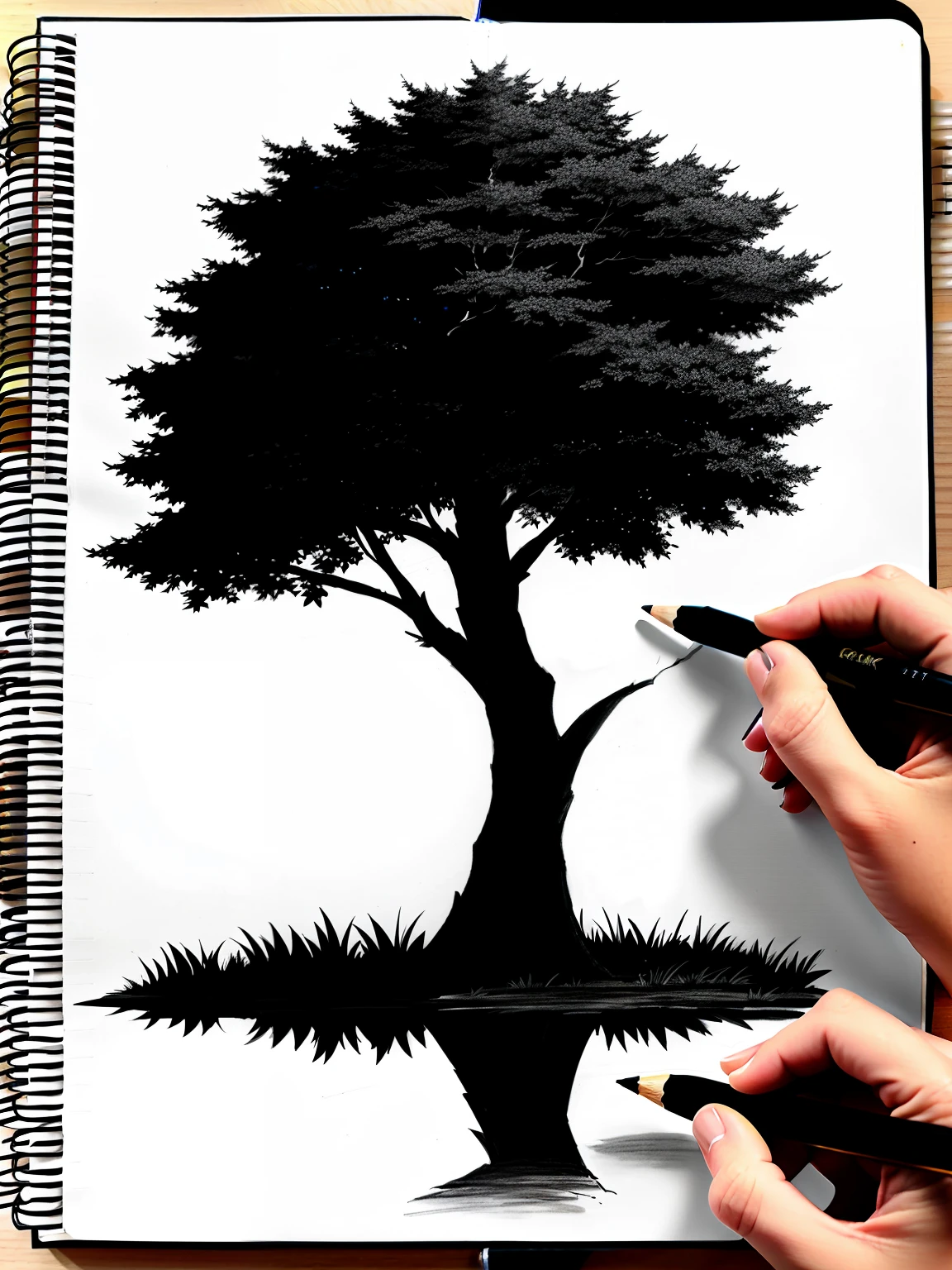 Anime style, (drawing of a tree), between two lakes, in a sketch book, 2b pencil, 8k, high resolution, high quality, --ar 2:3