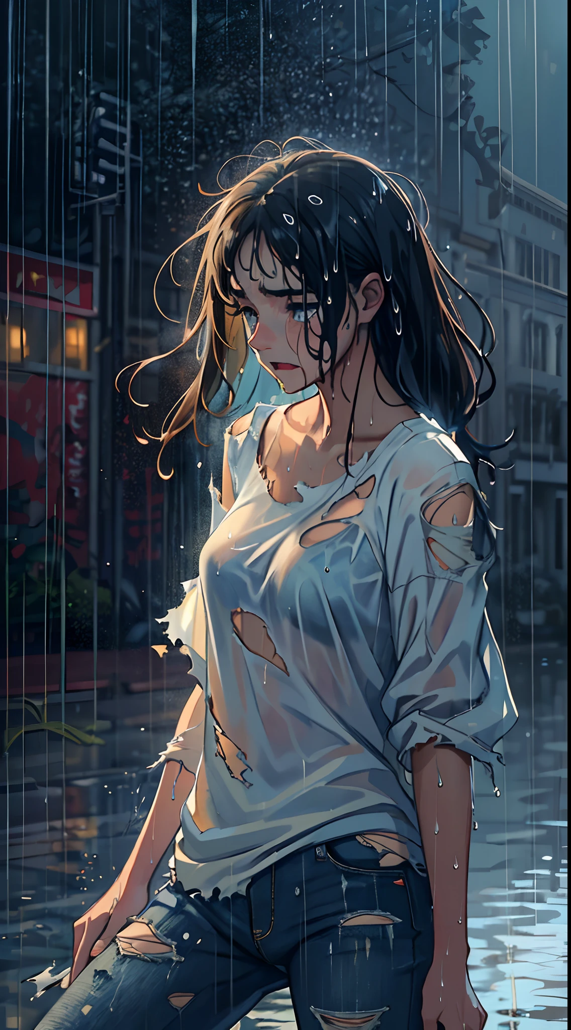 best image quality, masterpiece, super high resolution, (fidelity:1.4), photo, 1 girl, white shirt, torn jeans, white sneakers, dim, darkness, despair, pity, poor, movie, tears, teardrops, (torn clothes:1.5), (wet clothes:1.4), bare shoulders, real rain, wet hair,..