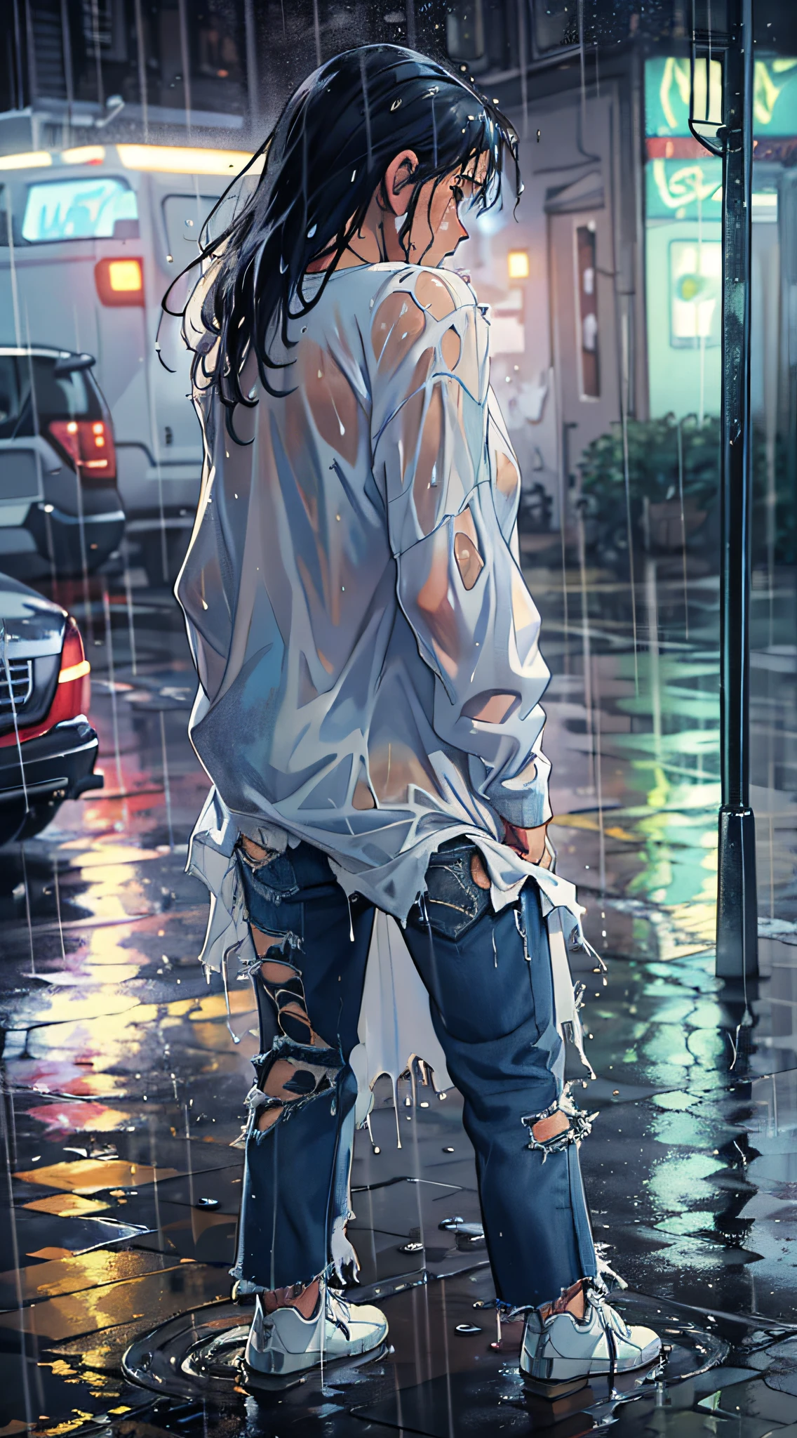 best image quality, masterpiece, super high resolution, (fidelity:1.4), photo, 1 girl, white shirt, torn jeans, white sneakers, dim, darkness, despair, pity, poor, movie, tears, teardrops, (torn clothes:1.5), (wet clothes:1.4), bare shoulders, real rain, wet hair,..