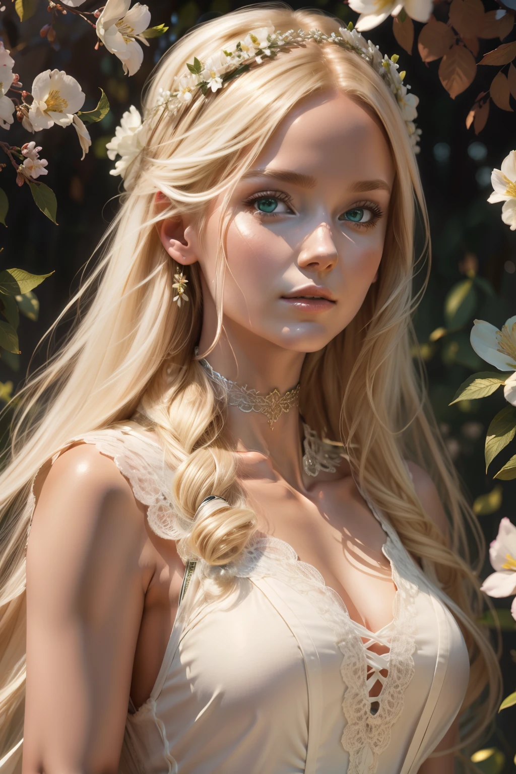 35mm, incredibly hyper-detailed and intricately realistic, full body character, adult, beautiful, female, perfect, long blonde hair, green eyes, elegant white dress, flowers in hair, detailed face, white skin, mature facial features of a woman nordica, garden background, cover art, zoom out, choker, hyper detailed painting, luminism, bar lighting, complex, 4k resolution concept art portrait