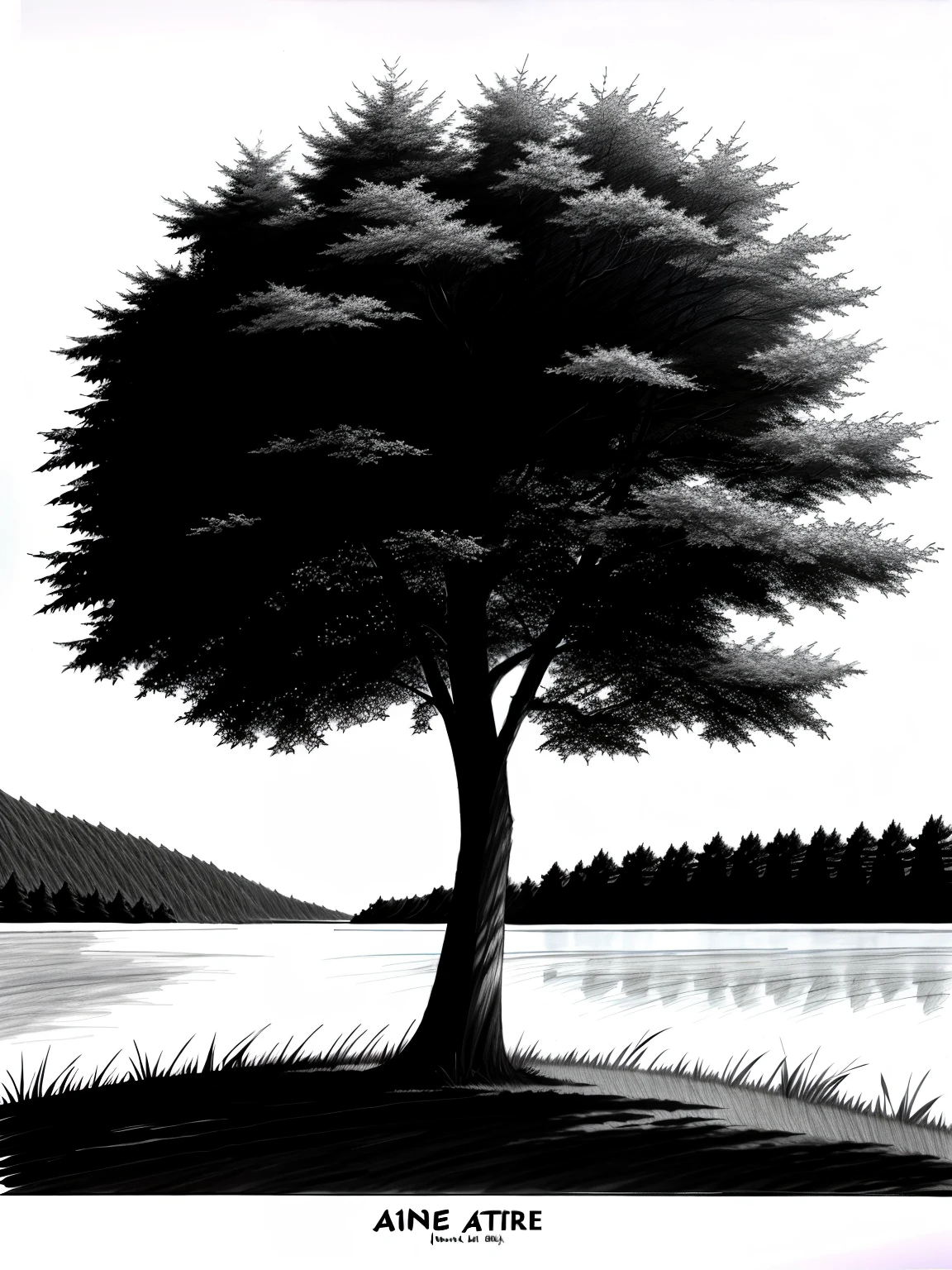 Anime style, (drawing of a tree), between two lakes, in a sketch book, 2b pencil, 8k, high resolution, high quality, --ar 2:3