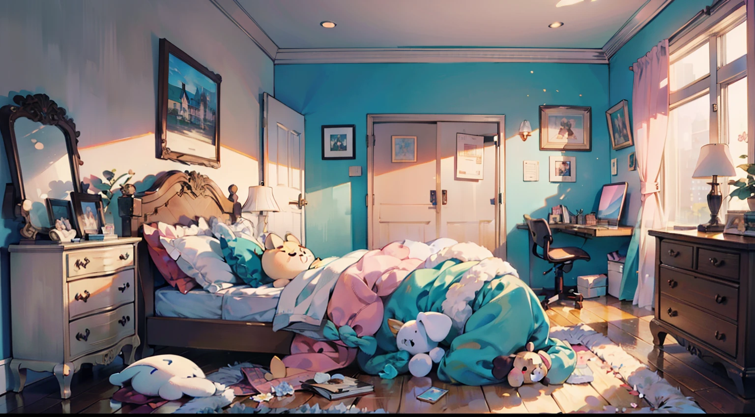 (masterpiece), best quality, ultra high res, detailed architecture, detailed structure, detailed furniture, (warm pastel color), bedroom, colorful bedroom, flowers, (in the morning time:1.2), plushies on the bed