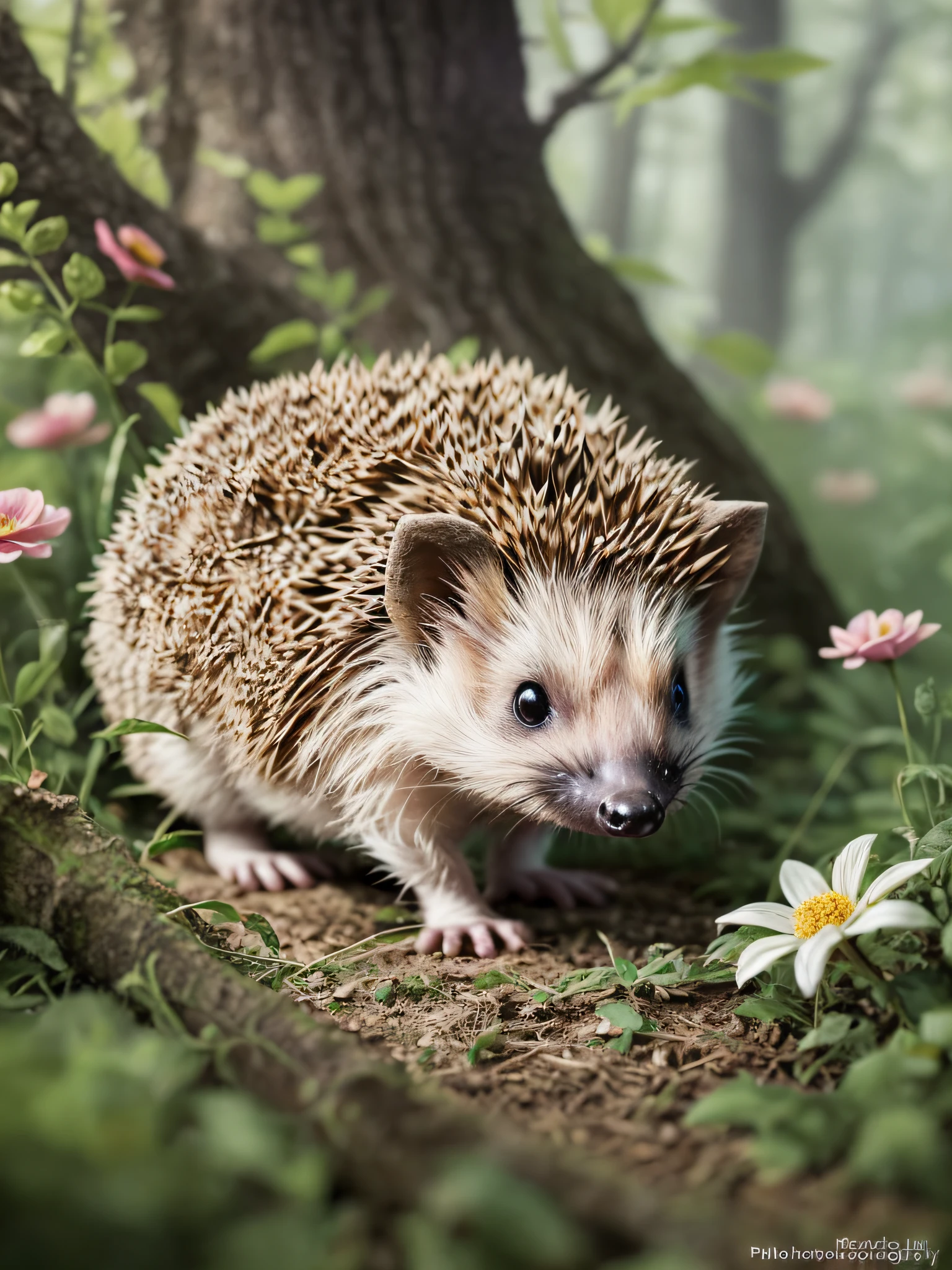 epic realistic photography, a drawing of a cute (little baby:1.2) (Hedgehog) surrounded by beautiful flowers and trees in a forest clearing