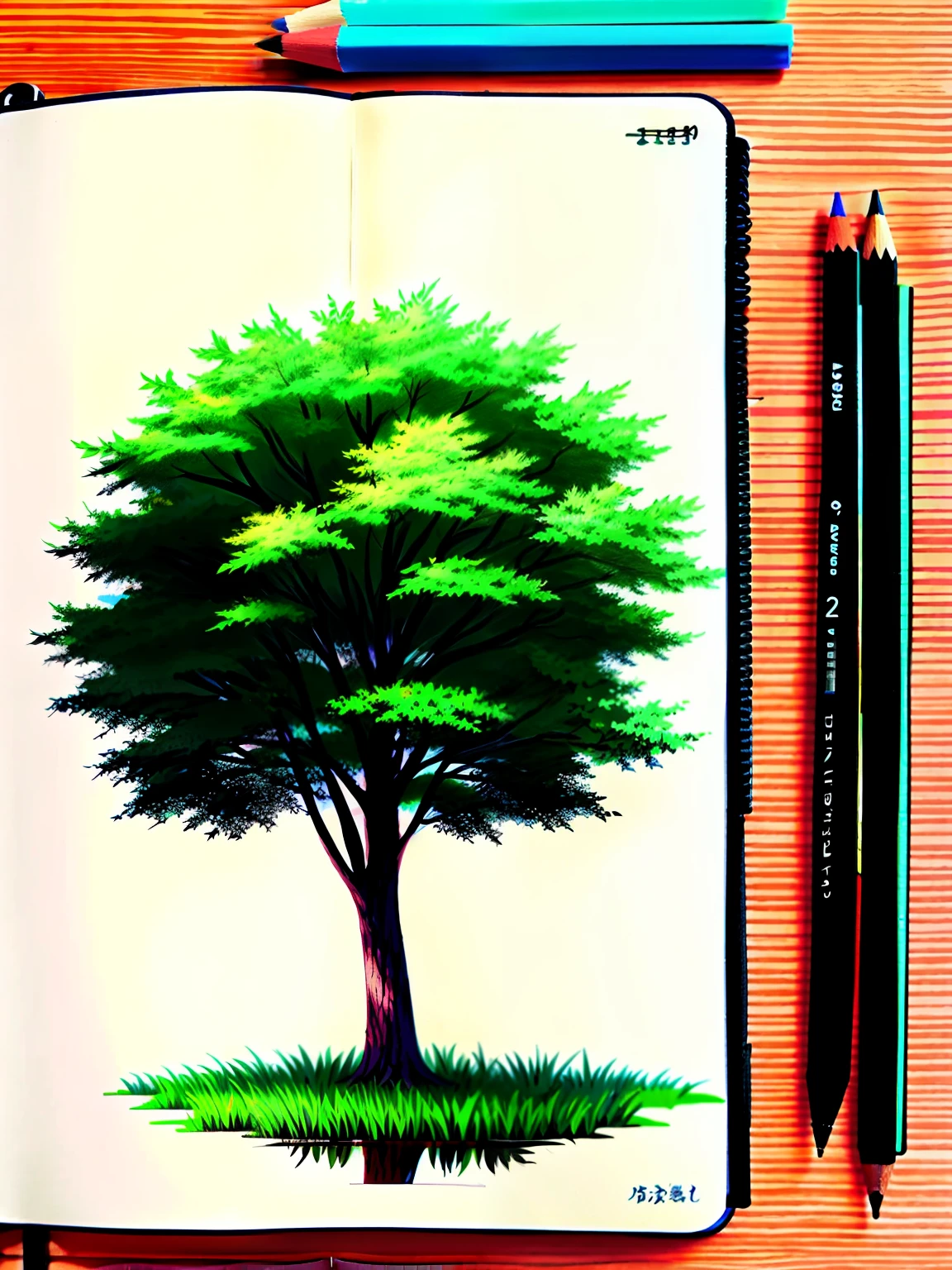 Anime style, (drawing of a tree), between two lakes, in a sketch book, 2b pencil, 8k, high resolution, high quality, --ar 2:3