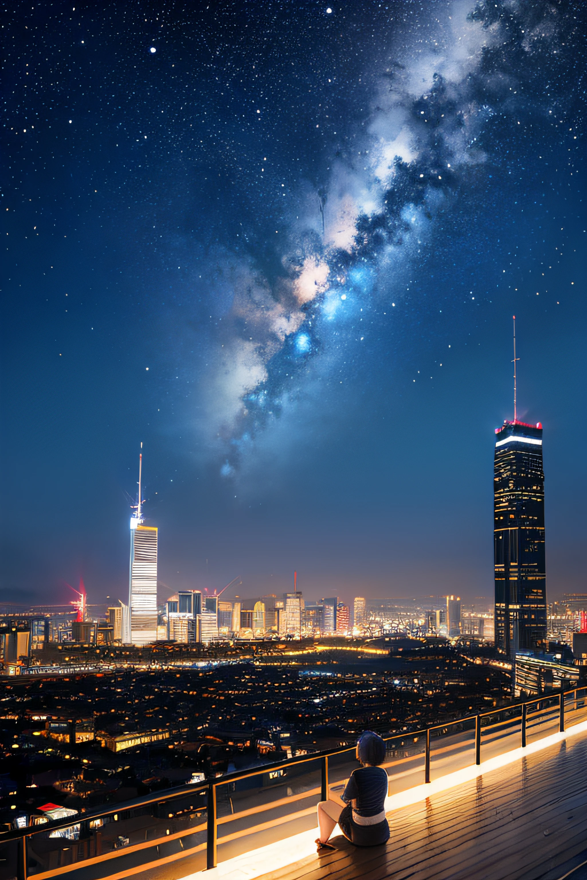 star, scenery, starry sky, night, 1girl, night sky, solo, outdoors, building, cloud, milky way, sitting, short hair, city, silhouette, cityscape, Rear view