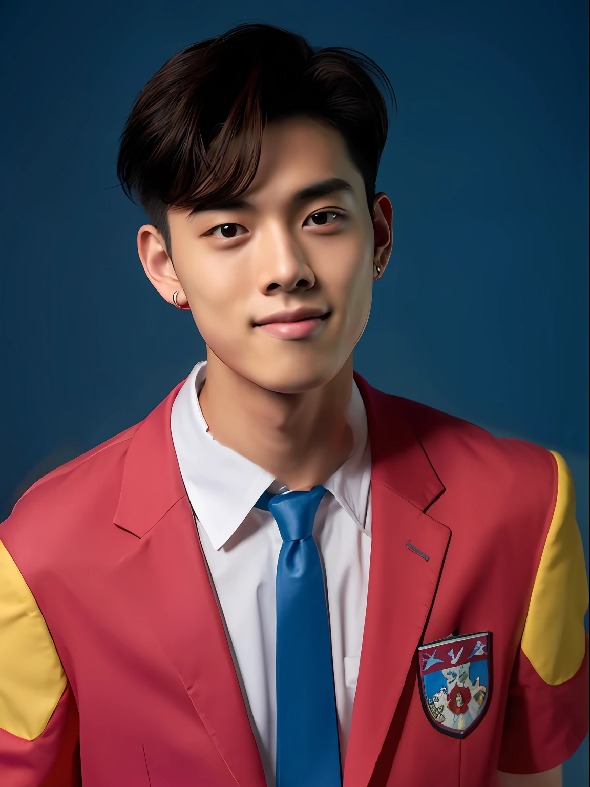 16-year-old male student,Wear a colourful school uniform,the detail,hyper HD,Ruddy skin,Short reddish-brown hair,orthofacial,The facial features are correct and clear,ssmile,Real Human,Realistis,hyper HD