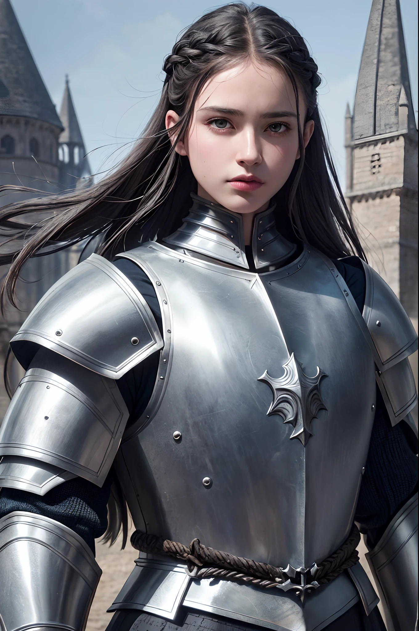 1girl, cinematic composition, slow motion, (medium shot of a medieval knight, sombre and weathered face, beard, grey hair:1.2), chain mail and plate armour, (realistic and detailed|intricate armour:1.1), (visible face:1.3), (photorealistic physiognomy|eyes|iris|skin|musculature, detailed skin, skin texture, natural skin), (holding a sword in his hand:1. 2), frontal perspective, imposing and determined pose, looking forward with determination, skin imperfections, natural skin wrinkles, natural skin spots, highly detailed clothes, abundant details, intricate details, realistic wrinkles in clothing, medieval fantasy landscape, cloudy sky, castle in the background in the distance, radiant lighting, deep shadows, dramatic scene, dark and cool colour palette, blue and grey tones, No other characters in the scene, abundant detail|intricate, detailed landscape, volumetric lighting, (detailed lighting), (detailed light reflections on armour:1. 1), 8k, highly detailed, UHD, HDR, photorealistic facial expression|hairstyle