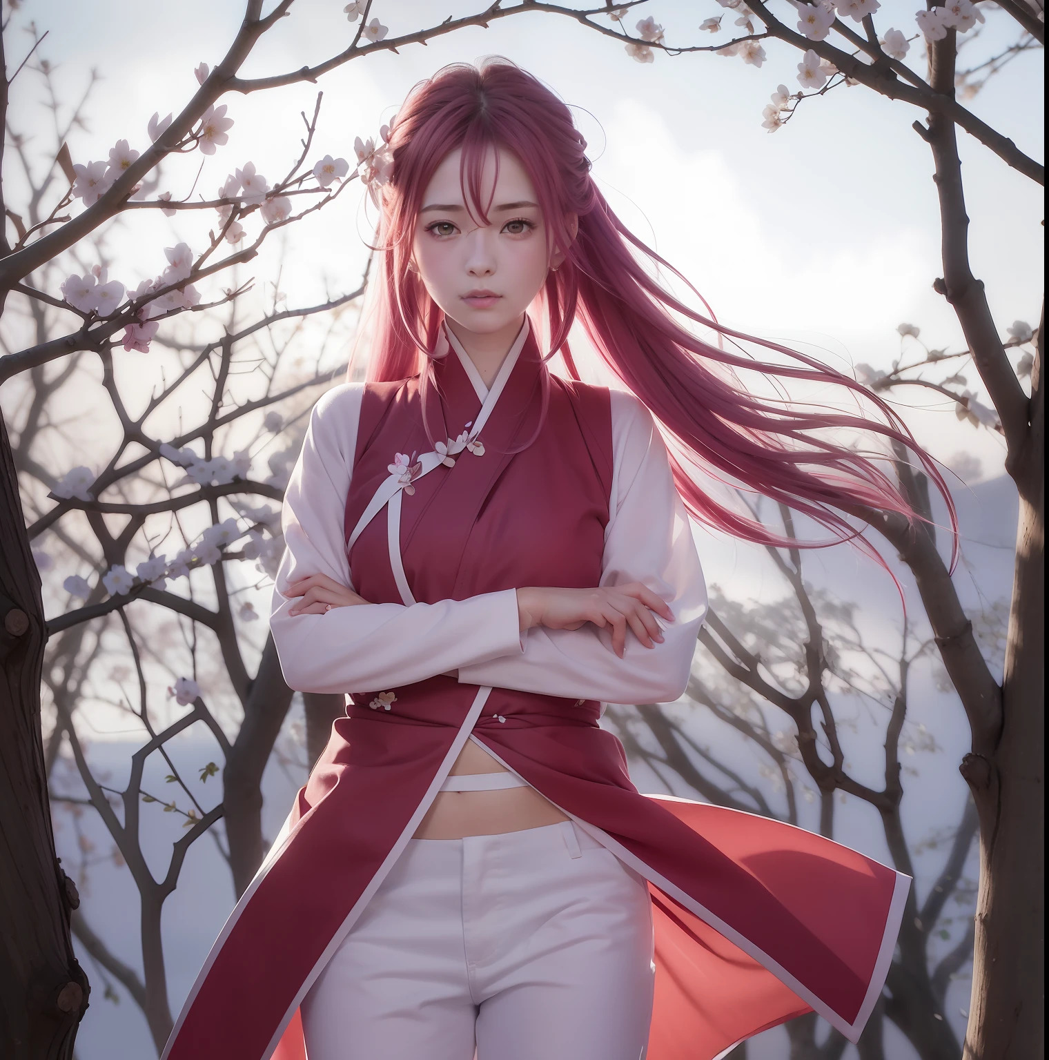 Sakura uchiha. A woman was standing with her arms folded across her chest. At a cherry blossom garden. He wore a red kimono with a white sleeveless line in it. Combined with white Levis pants. His skin is so white. She's wearing a silver bracelet. The long, pink hair was not pulled up by the wind. Her cheeks were rosy. He looked at the camera. She's so pretty and realistic