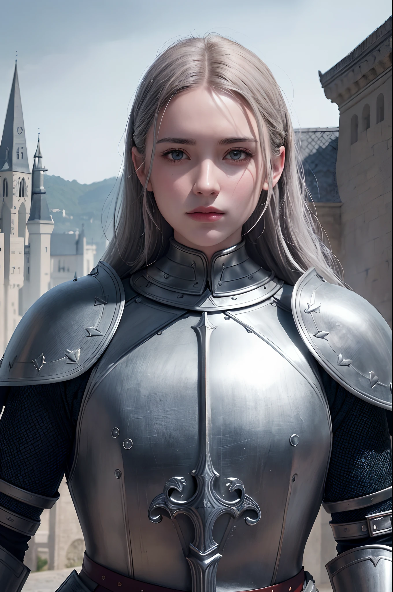 1girl, cinematic composition, slow motion, (medium shot of a medieval knight, sombre and weathered face, beard, grey hair:1.2), chain mail and plate armour, (realistic and detailed|intricate armour:1.1), (visible face:1.3), (photorealistic physiognomy|eyes|iris|skin|musculature, detailed skin, skin texture, natural skin), (holding a sword in his hand:1. 2), frontal perspective, imposing and determined pose, looking forward with determination, skin imperfections, natural skin wrinkles, natural skin spots, highly detailed clothes, abundant details, intricate details, realistic wrinkles in clothing, medieval fantasy landscape, cloudy sky, castle in the background in the distance, radiant lighting, deep shadows, dramatic scene, dark and cool colour palette, blue and grey tones, No other characters in the scene, abundant detail|intricate, detailed landscape, volumetric lighting, (detailed lighting), (detailed light reflections on armour:1. 1), 8k, highly detailed, UHD, HDR, photorealistic facial expression|hairstyle