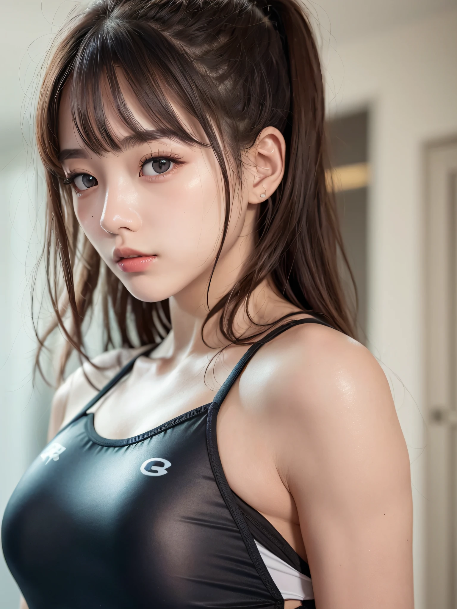 Beautiful competitive swimmers、One of the amazingly beautiful female athletes、Complete One Piece Swimsuit、Dark blue competition swimsuit、View here、muscular body:1.4,(top-quality、8K、32K、masterpiece、nffsw:1.3)、(Photorealsitic:1.4)、(The ultra -The high-definition)、(Ultra-realistic 8kCG)、Raw photography、Beautiful shadow gradient、dress room、Locker Room、Perfect litthing、Beautiful and well-groomed face、Beautiful eyes、Detailed lips、Double eyelids