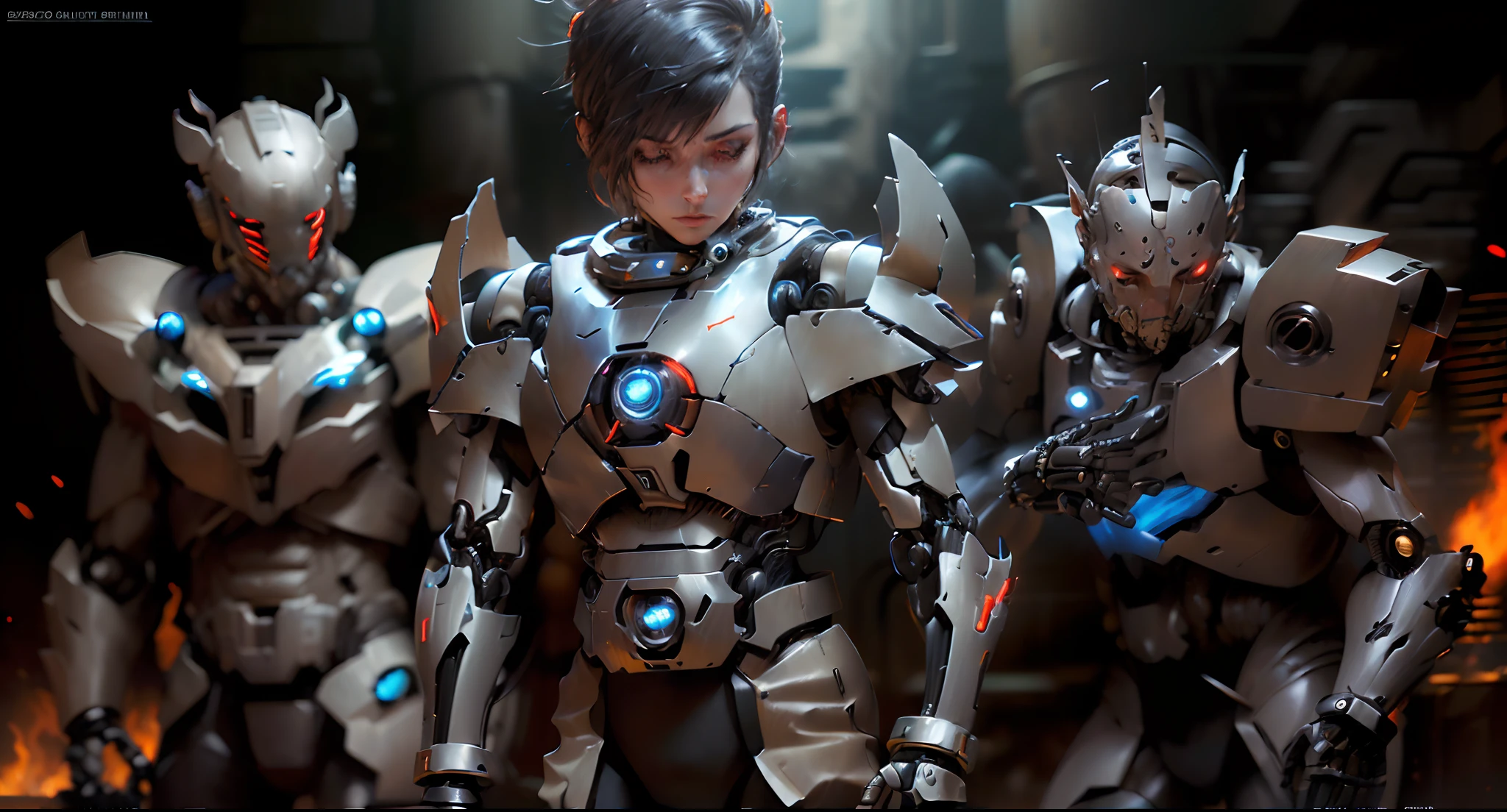 (reelmech:1.5),fighting , glowing eyes, short hair,torn tight supersuit, in a destroyed city, smoke and fire, glowing power aura, dynamic pose, dynamic view