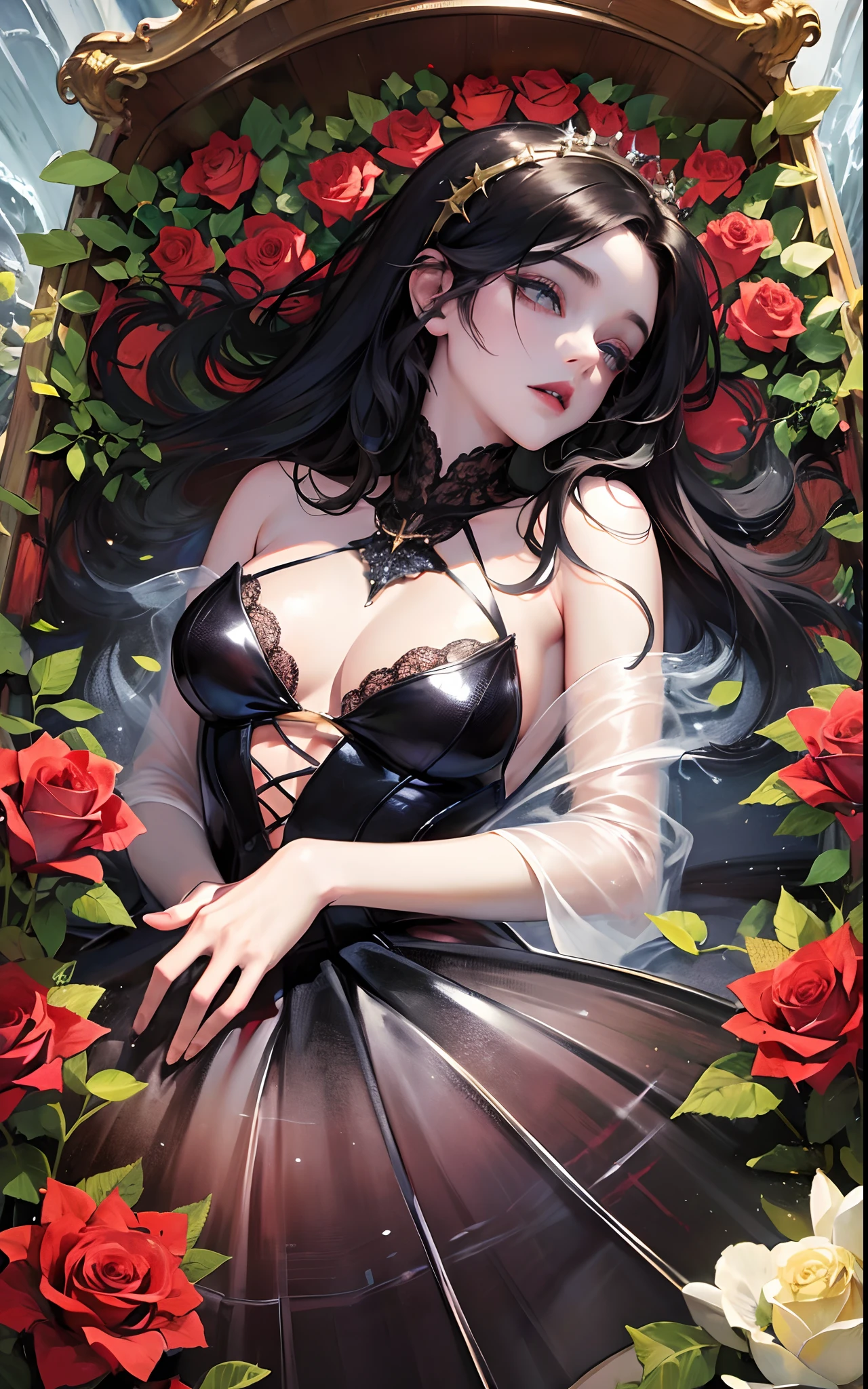 (((transparent vampire coffin with closed lid))) , (long coffin), girl locked in the coffin, seabed in the background, ((crystal)), gold cross, golden details, roses inside the coffin, rose thorns, ocean in the background, moonlight, coffin submerged in the sea, closed coffin with glass walls, closed lid, (((sarcophagus))), 1girl, adult woman, black hair, long hair, blue eyes, black victorian dress, flowing elegant dress, inside a coffin made of glass, full body inside coffin, perfect detailed eyes, perfect detailed face, detailed eyes, perfect eyes, (8k, RAW photo, best quality, masterpiece:1.2), (realistic, photo realistic:1), very attractive, beautiful, gorgeous, ultra fine detail, gorgeous, short top, colorful, intense, large aperture, low ISO, white balance, rule of thirds,
