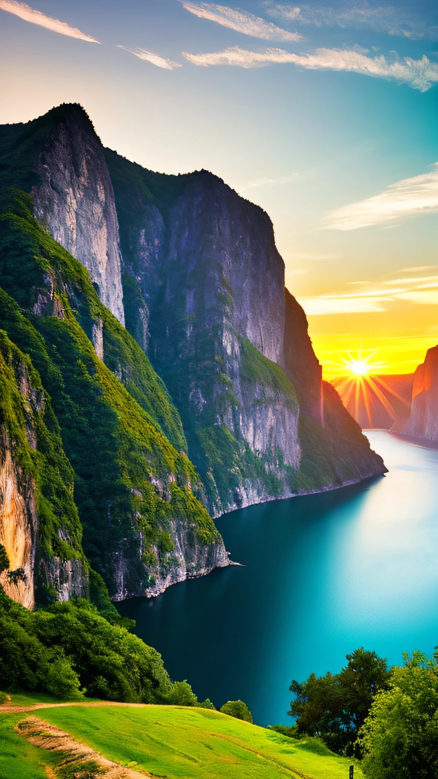 Masterpiece, ultimate quality, Cg unity 8k wallpaper, super delicate, beautiful sky and clouds, rich natural scenery, cliffs, lakes and rivers, waterfalls and flying water, beautiful green mountains, no trace of people, excellent scenery, has already won a photo contest, background Blurring, full depth of field, HDR high dynamics, true restoration, intricate, extreme details, dramatic presentation, perfectly presenting the style of midjourney art.