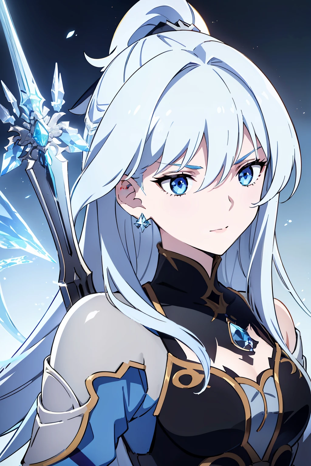 Female, , bright blue eyes, squinting eyes, short silver hair, crystal earring in left ear, Detailed face pale skin, simple brown adventurous outfit, white robe, holding crystal sword, white background, front camera