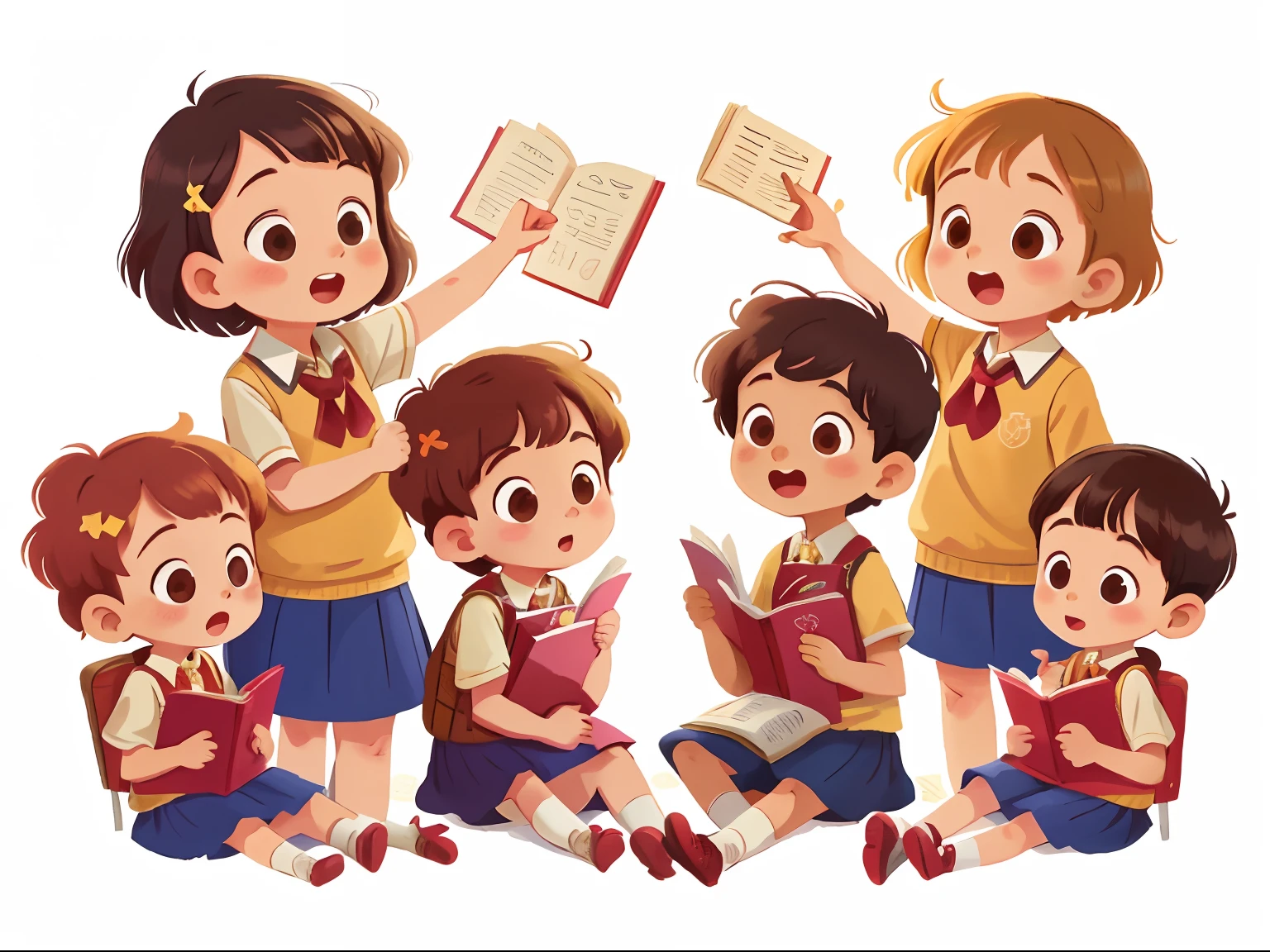 illustration, masterpiece, best quality, School teacher with several students (girls and boys)
sitting side by side, They wave at us, in school uniform, from opposite, Happy, full body, in the style of childreb book charecter, charecter sheet, white background, adjective + object, character sheet, children book character, white background, white background, looking at viewer, short hair,