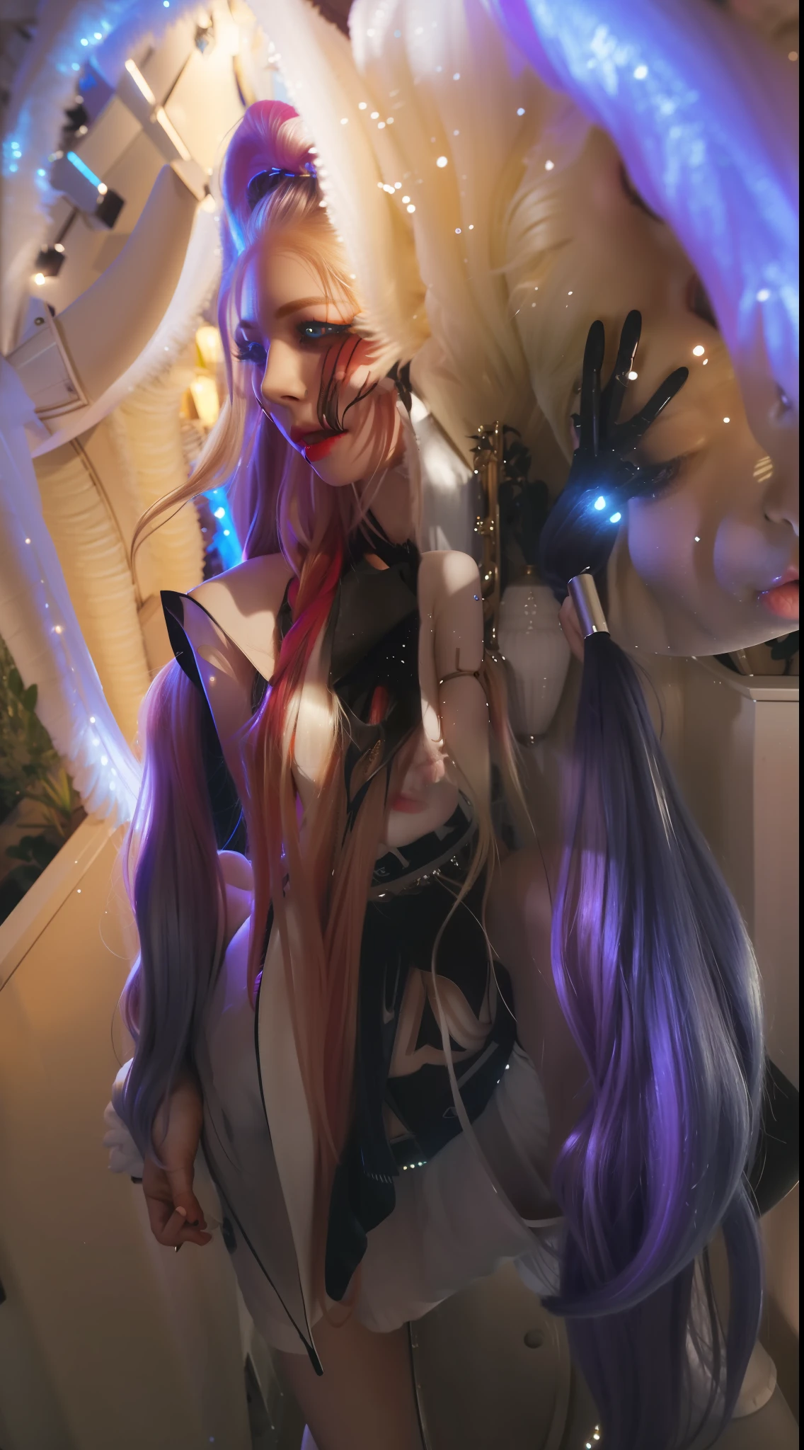 (8k, 4k, best quality, highres, ultra high res:1.1), (masterpiece, realistic, photo-realistic:1.1), 1girl, face, close-up, twintails, blonde hair, black eyes, red lips, (looking at viewer:2), absurdly long hair, long eyelashes, eyeshadow, small face, big eyes,
bare shoulders,
high contrast,