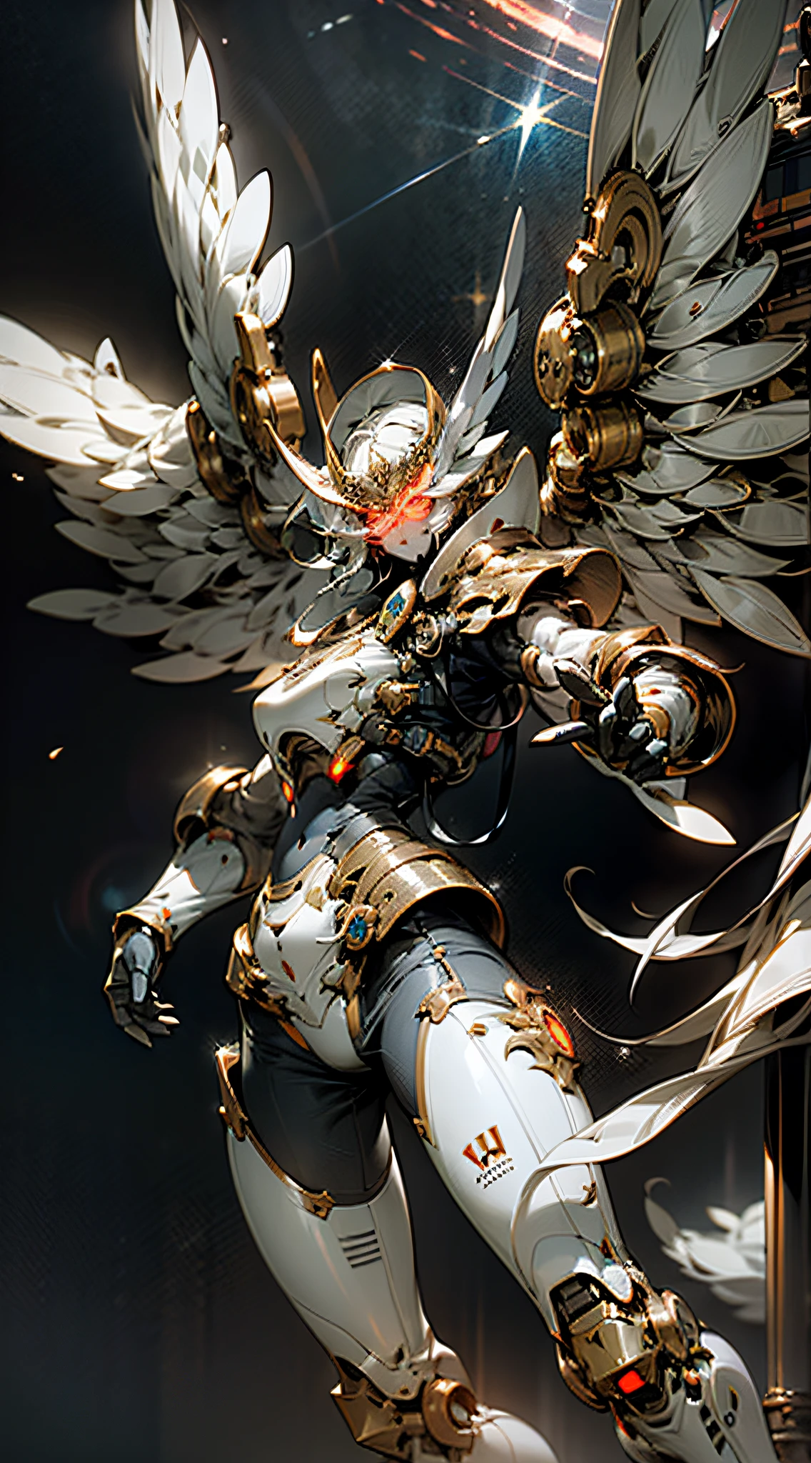 (Masterpiece, best quality:1.3, ultra-high definition), extremely high detailed, intricate, 8k, HDR, wallpaper, cinematic lighting ,(universe), glowing, armor, glowing eyes, mecha, large wings,