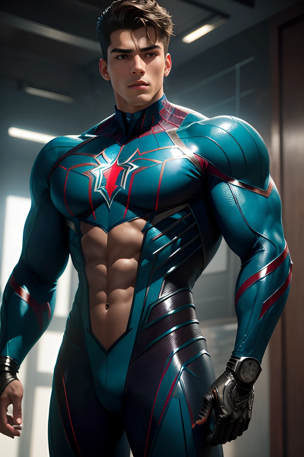 Although very handsome mexican teen, the whole body of a young-man is realistic, metalic colors, muscular 137 kg Super Hero Heineken Men's Action  Spider-man Amazing Movie Highly Detailed Artwork Detailed Faces Detailed Suit Cgi 8k Resolution