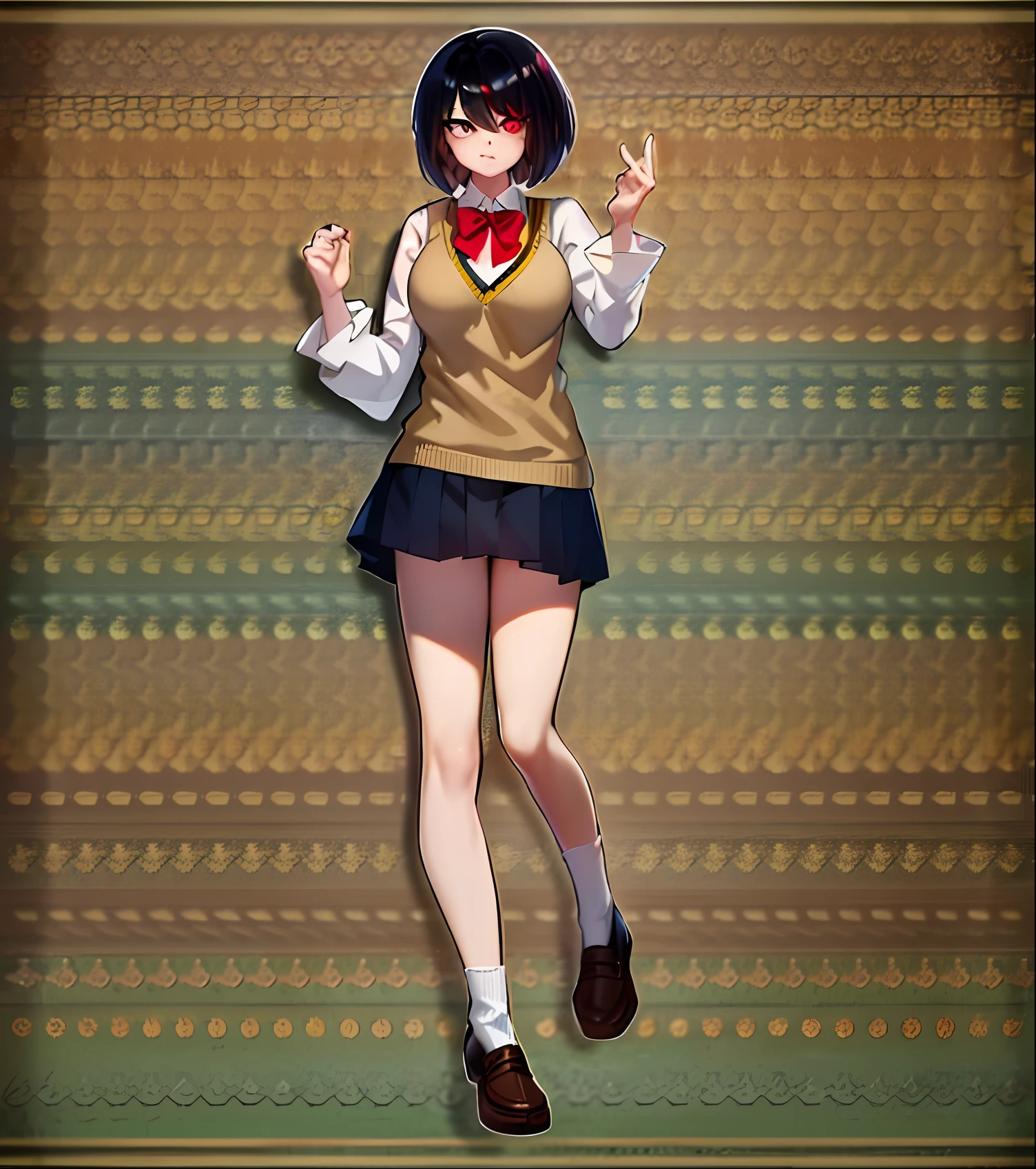 Anime girl in sleeveless sweater,Golden eye pupil bow tie,delicated face,JK skirt,Layered over a white shirt,White lace-trimmed sleeves,longer sleeves,Wear a beige sweater,Sick,Overbearing,Fleshy legs,sakurabackground,anime full body illustration,anime pose,Single character full body, anime style character,Anime figure,female anime character