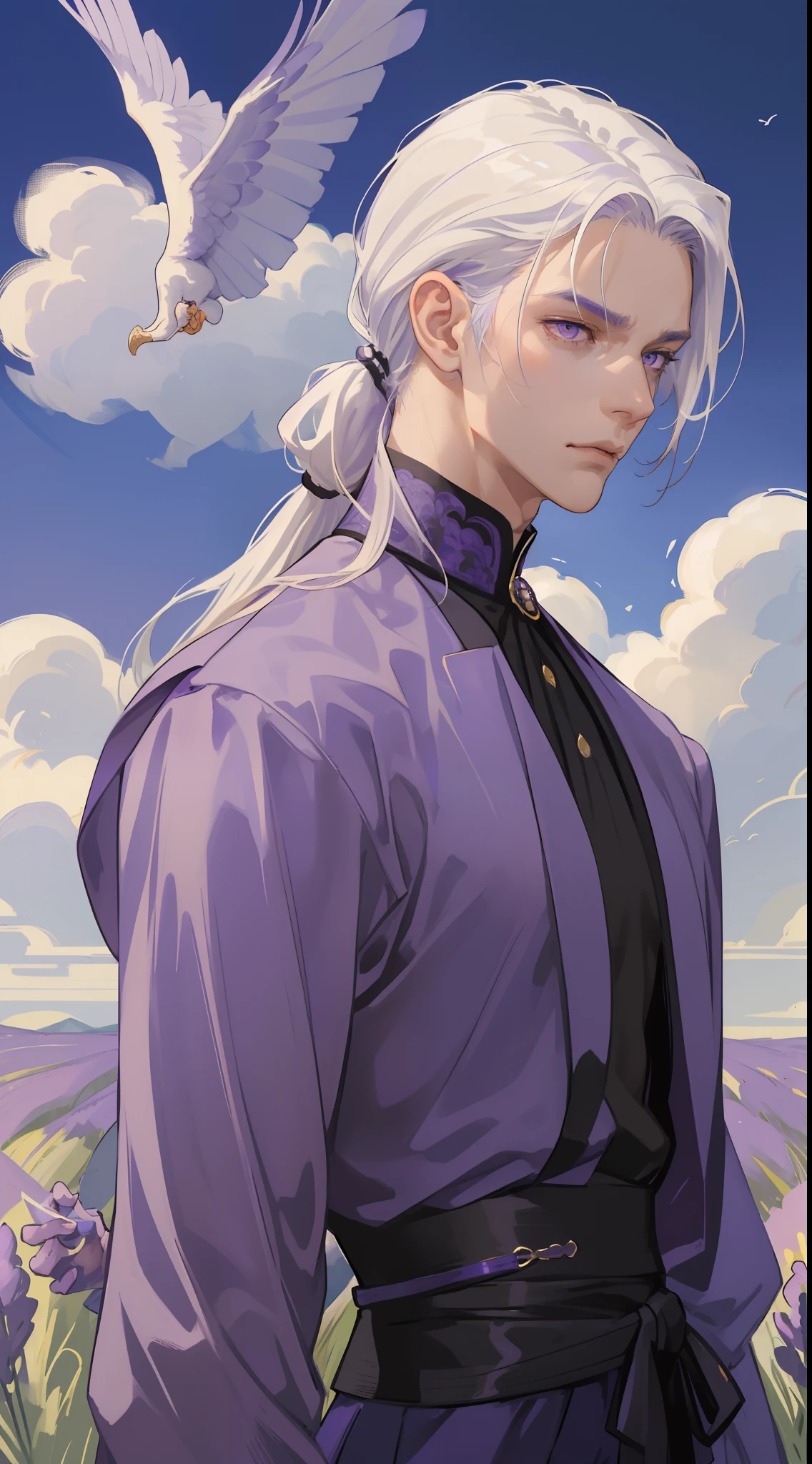 masterpiece, best quality, realistic, 1man, male focus, male model, tall muscular, handsome, closed mouth, simple clothes, portrait,extremely detailed face, low ponytail white hair, flying bangs, purple eyes, sky background, simple background, SIDE VIEW, looking at the viewers, view from the back, lavender field, MALE ONLY, MALE