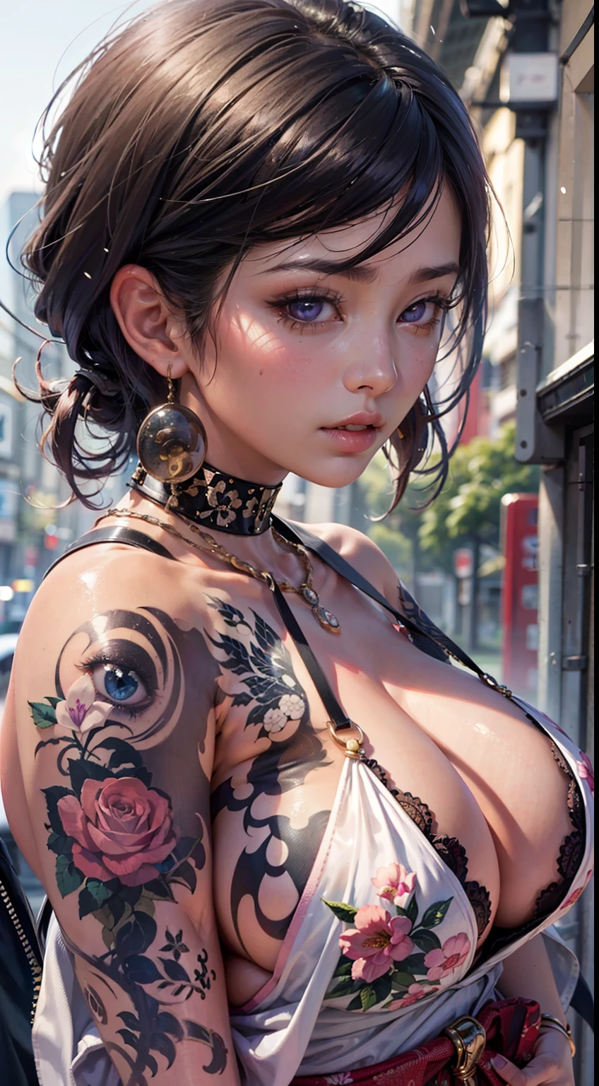 A Japanese woman walking in the city,Buildings,A plant,ssmile,Mixed Korean,The background is blurred out,focal,电影灯光,(((tmasterpiece))), ((best qualtiy)), ((Complex and detailed)), ((ultra-realistic realism)), Ridiculous resolution, A MILF, Mature woman, ssee-through, highly detailed, illustratio, 1girll, (huge tit), Thin waist and thick hips,long leges,beatiful detailed eyes, short detailed hair, brunette color hair, a purple eye, (Gangster suit:1.2),Tattooed with,Large flower arms,Full of tattoos,Japanese yakuza,Kamami Yamaguchi,Japanese Yamaguchi-gumi,Japanese yakuza woman,The Underworld,Belly wrapping,full tattoo,Gangster boss,Lunette de soleil, (No underwear),pantiess, detailed back ground, perfect eyes, Seductive eye, looking at viewert, From the front,Wear light,