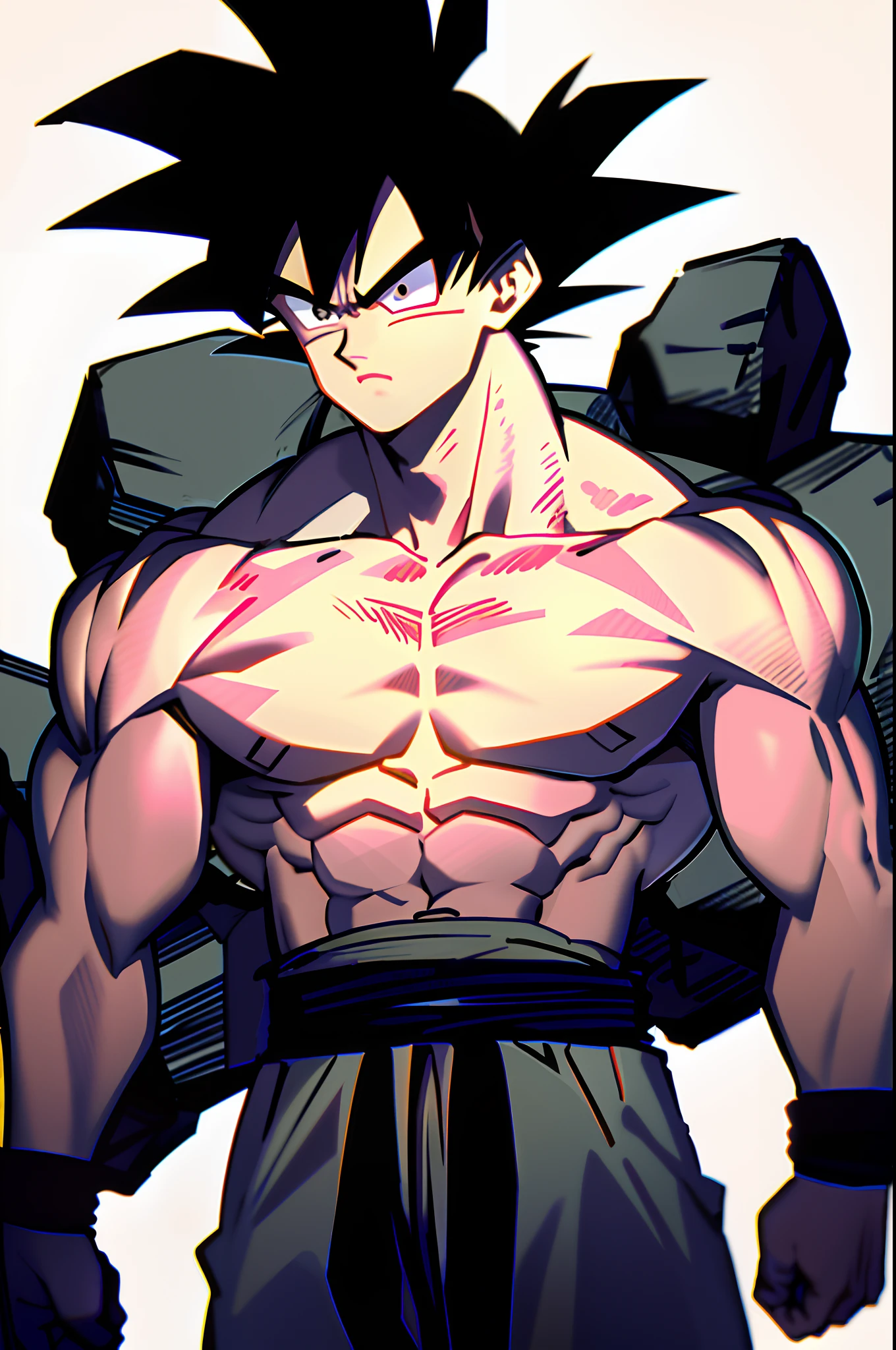son goku,1boy,Keep one's mouth shut,malefocus,musculous,big muscular male,Rock,obi strip,serious,独奏,spiked hair,Orange-yellow exercise uniform,ripped clothing,ultra instinct,黑The eye,Black hair,((tmasterpiece))