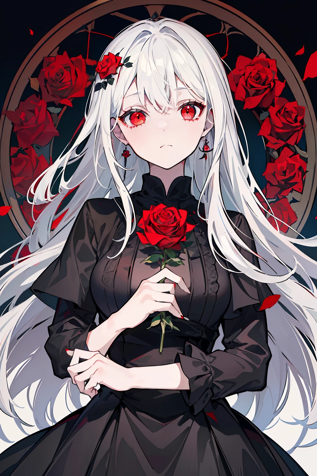 (best quality, masterpiece), (1girl, solo, black dress, standing , looking at viewer, white hair, red eyes, holding rose, closed mouth, upper body), (red dreamcatcher behind, red flower, )