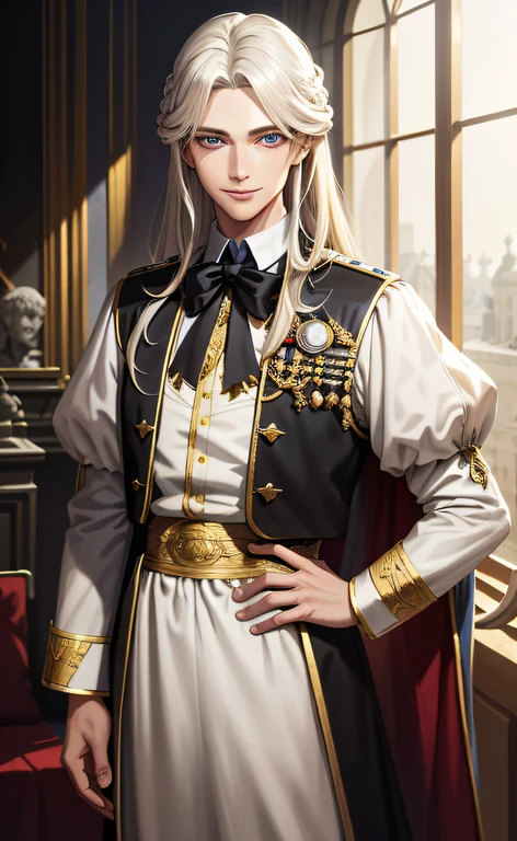 (absurderes,A high resolution,hyper-detailing,HDR),tmasterpiece,best qualtiy,1boy,handsome,long whitr hair,Fine eyes and detailed face,(Ancient French clothing),Light smile