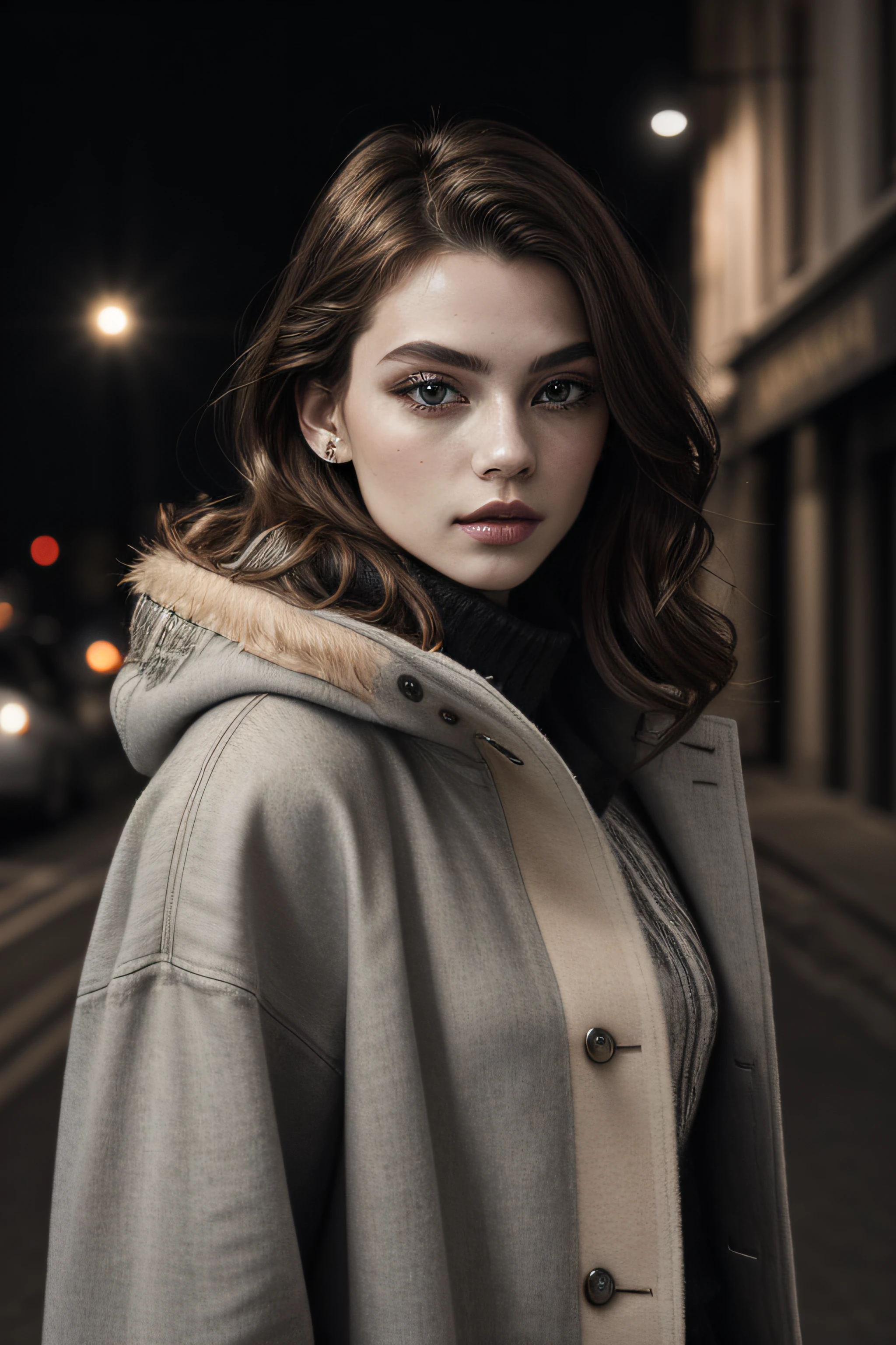 (masterpiece, photorealistic, raw,: 1.4), (very sophisticated: 1.2), long shot view, cinematic light, side lighting, super sharp, best shadow, RAW, a very beautiful and attractive European girl with an attractive figure for photography, Detail, attractive minimal old coat and striped shirt below, background of old buildings, European gene, bokeh, very detailed, people in the background, night, detailed lips, symmetrical eyes