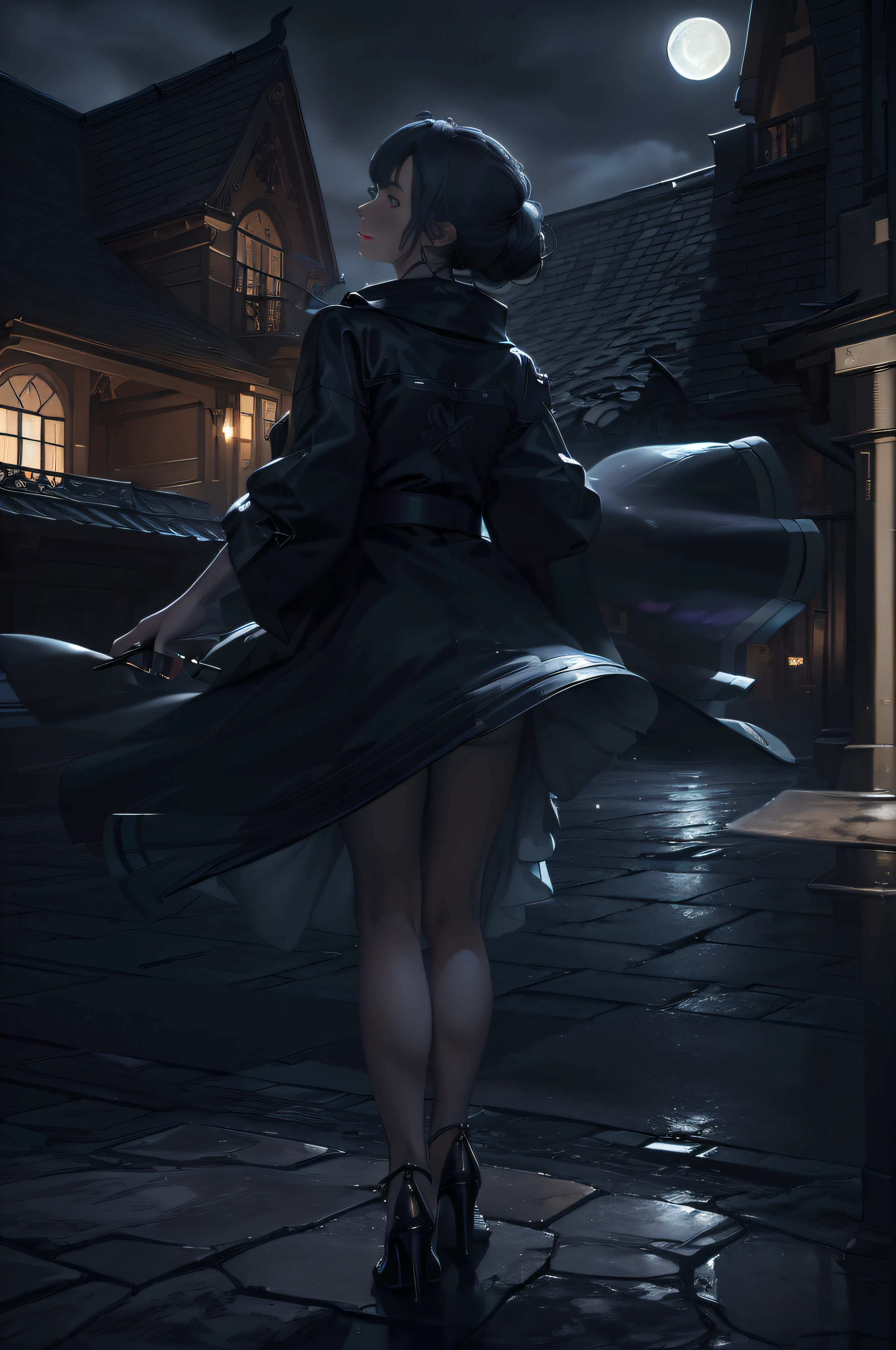 (((Painting style:photorealestic+Film and television grade)+Perfect image quality+high definition detail),View at night)+(Illuminated mansion+neonlight)+(European and American girls+high-heels+wind coat)+(A girl with a beautiful face)+(The romance of the moon)+(Atmosphere on a rainy night)+(The background of the street)