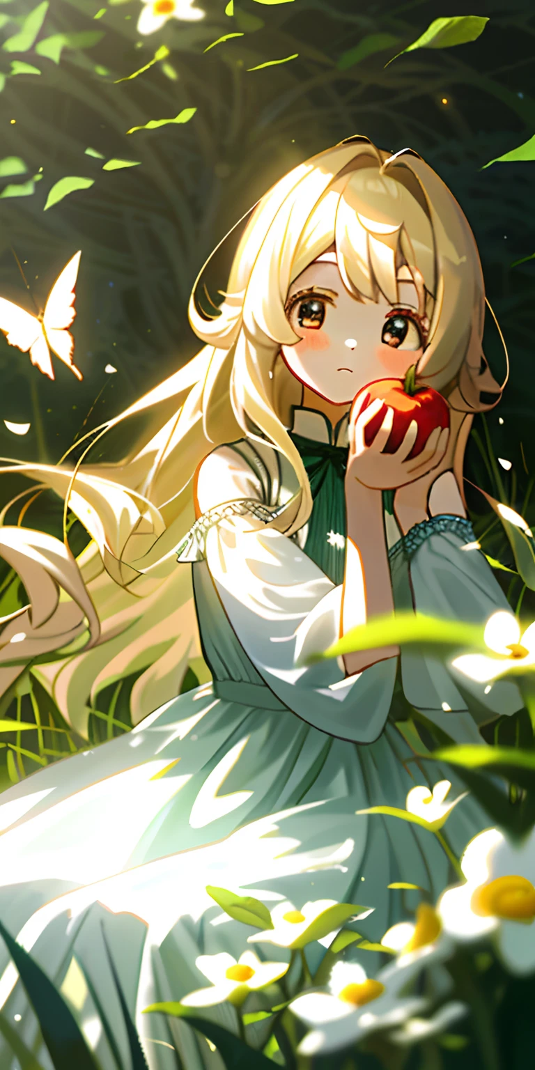 （tmasterpiece，best qualtiy），1 girl with long white hair sitting in a field of greenery and flowers，her hand under her chin，warmly lit，white dresses，Blurred foreground with big eyes，Small short round nose，The apple muscles are very full，Short chin，The atrium is quite long，Air bangs，Blonde shoulder-length hair，It seems to be shining in the sun。Blush and flutter，Meat toot，Very cute，But the overall face shape is good。